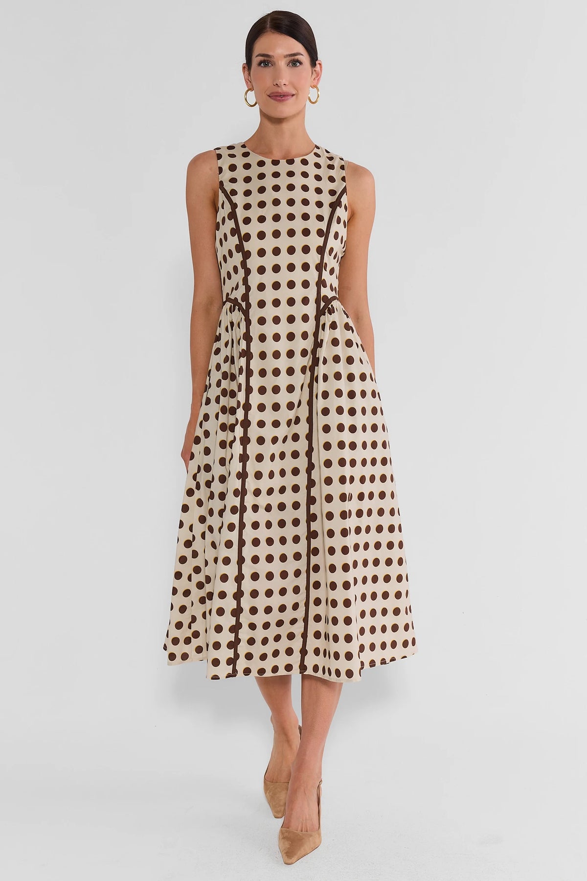 Ivory Polka Dot Midi Dress - Full Front View On Model, Flared Skirt | Avara