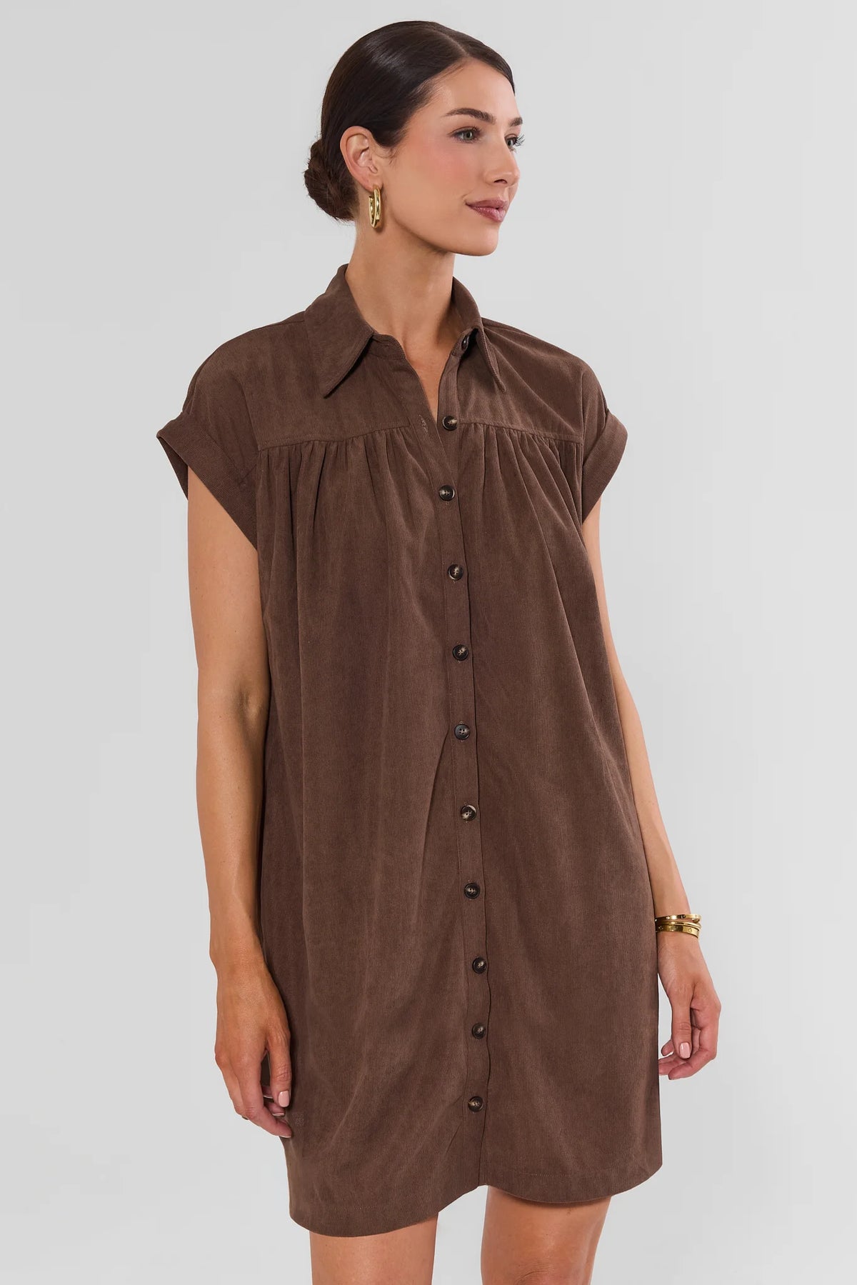 Brown Corduroy Short Dress - Front View On Model | Avara