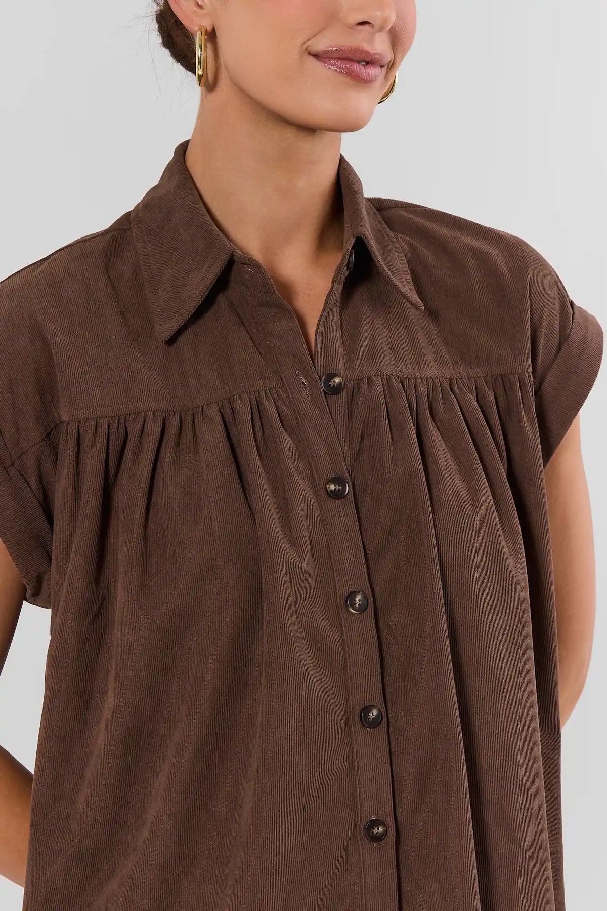 Brown Corduroy Short Dress - Button Front & Collar Close-Up Detail | Avara