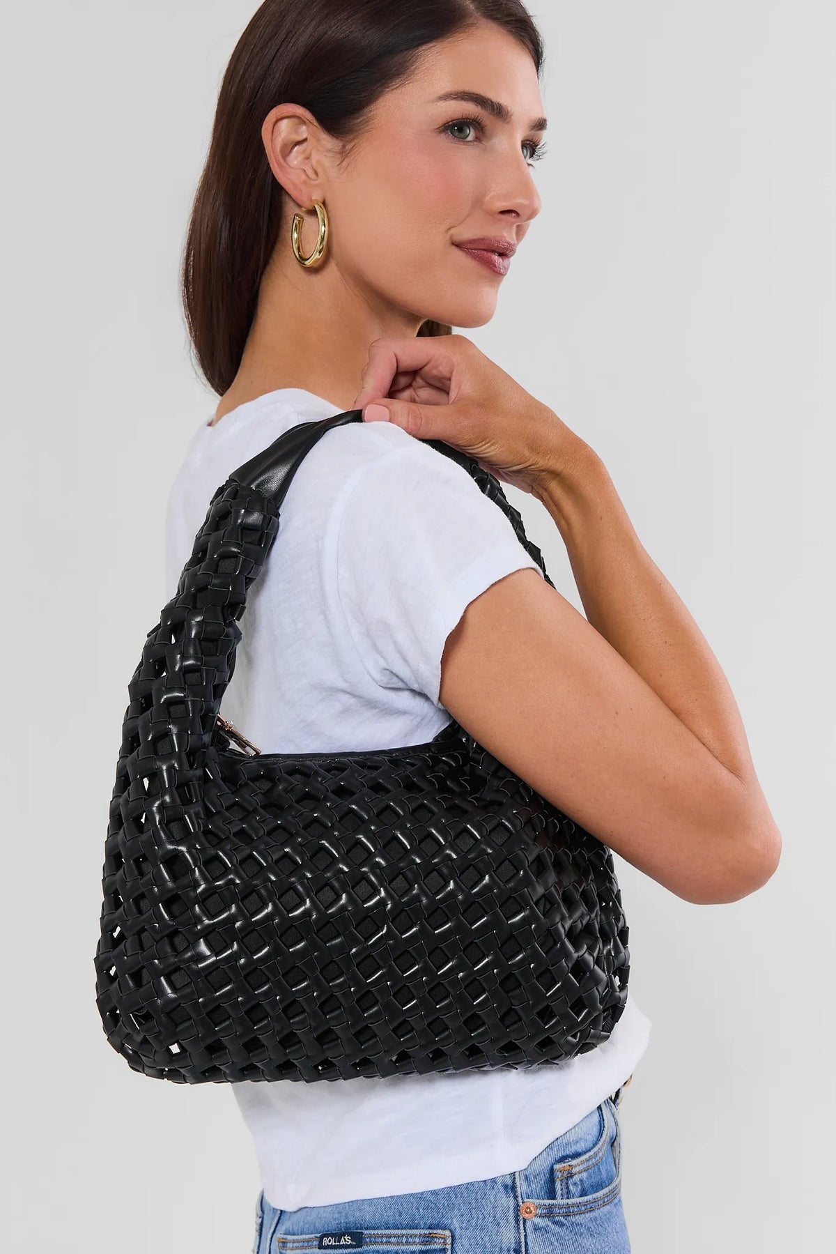 Black Woven Shoulder Bag - On Model Side View | Avara