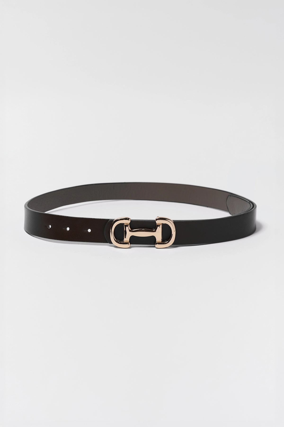 Black Faux Leather Horse Bit Buckle Belt - Full Length Flat Lay, Gold Buckle Detail | Avara