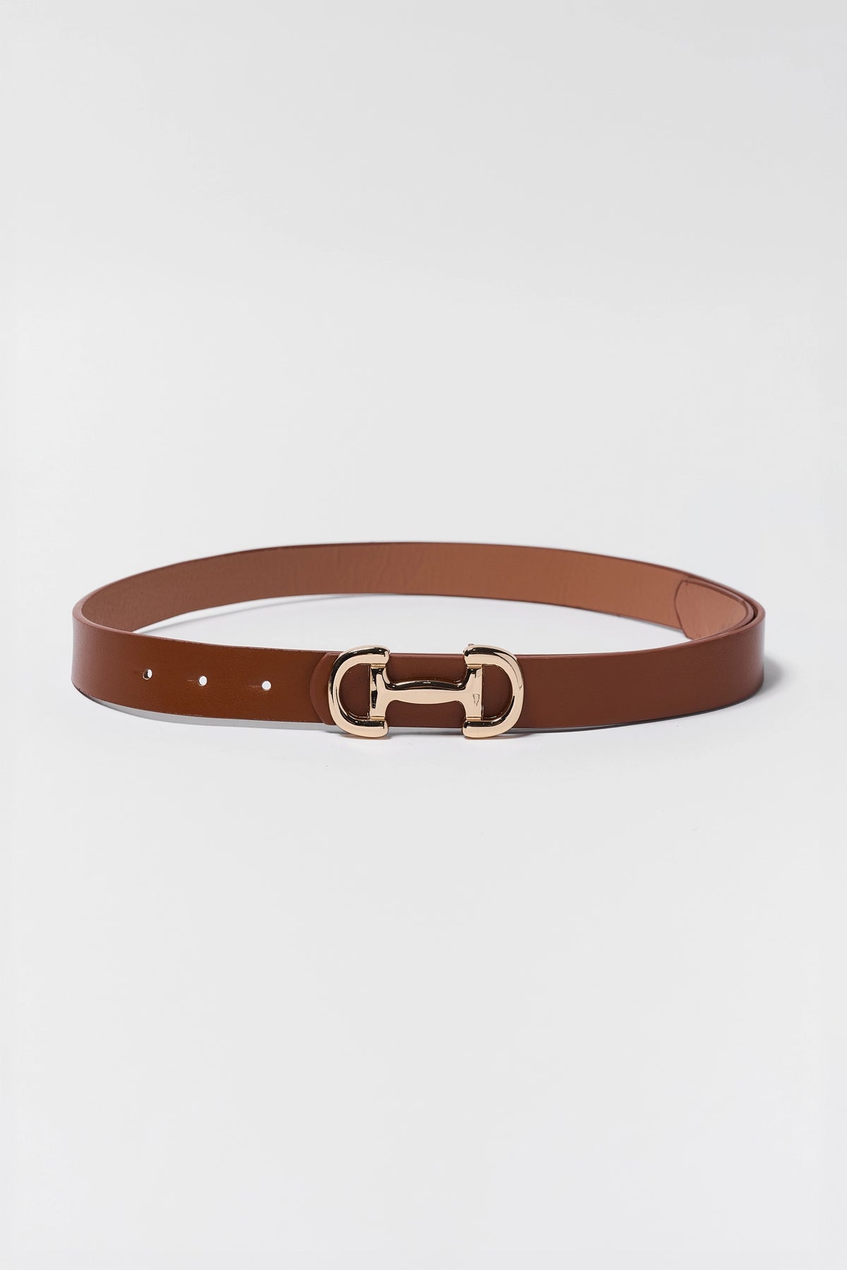 Brown Faux Leather Horsebit Buckle Belt - Full Length Flat Lay, Gold Buckle | Avara