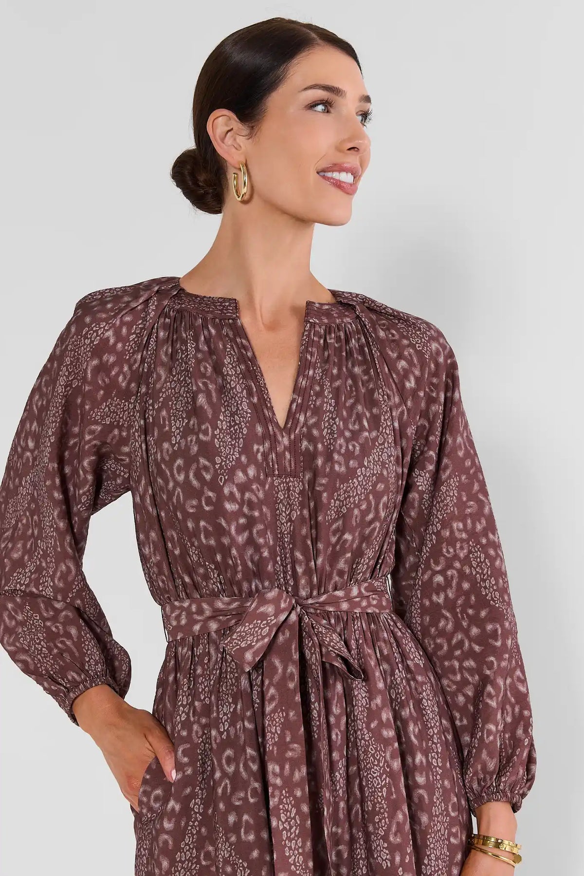 Brown Leopard Print Midi Dress - Three-Quarter View, Smocked Neckline & Tie Waist | Avara