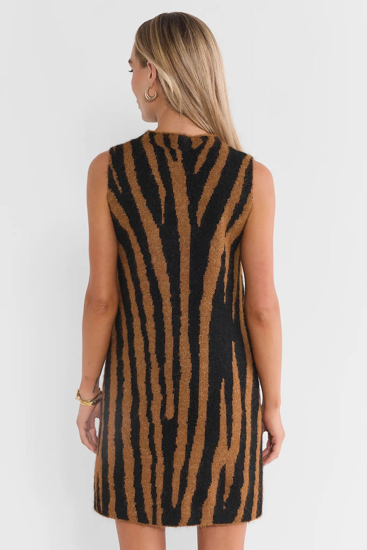 Brown Animal Print Mini Dress - Back View On Model, Sleeveless Knit Short Dress | Avara