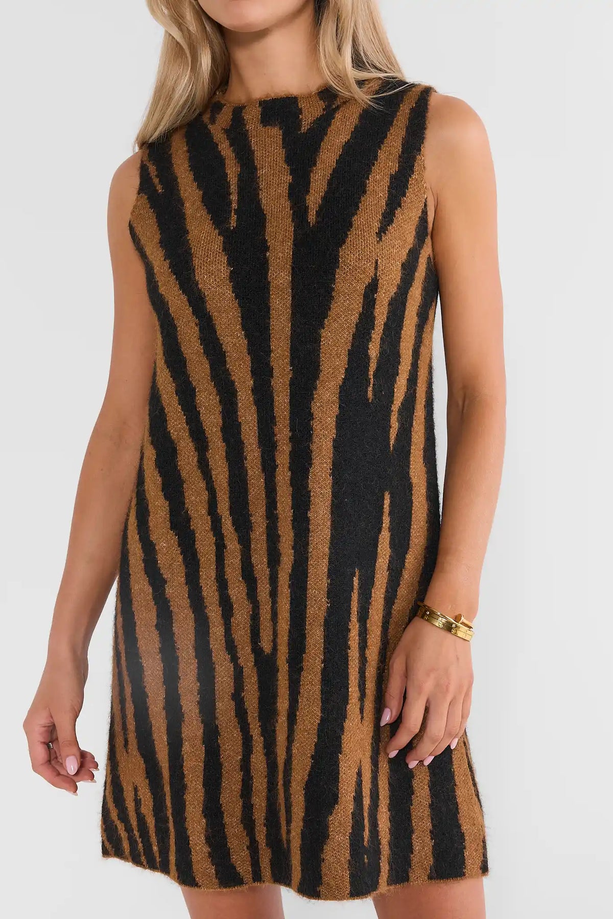 Brown Animal Print Knit Mini Dress - Close-Up Front Detail, Sleeveless On Model | Avara