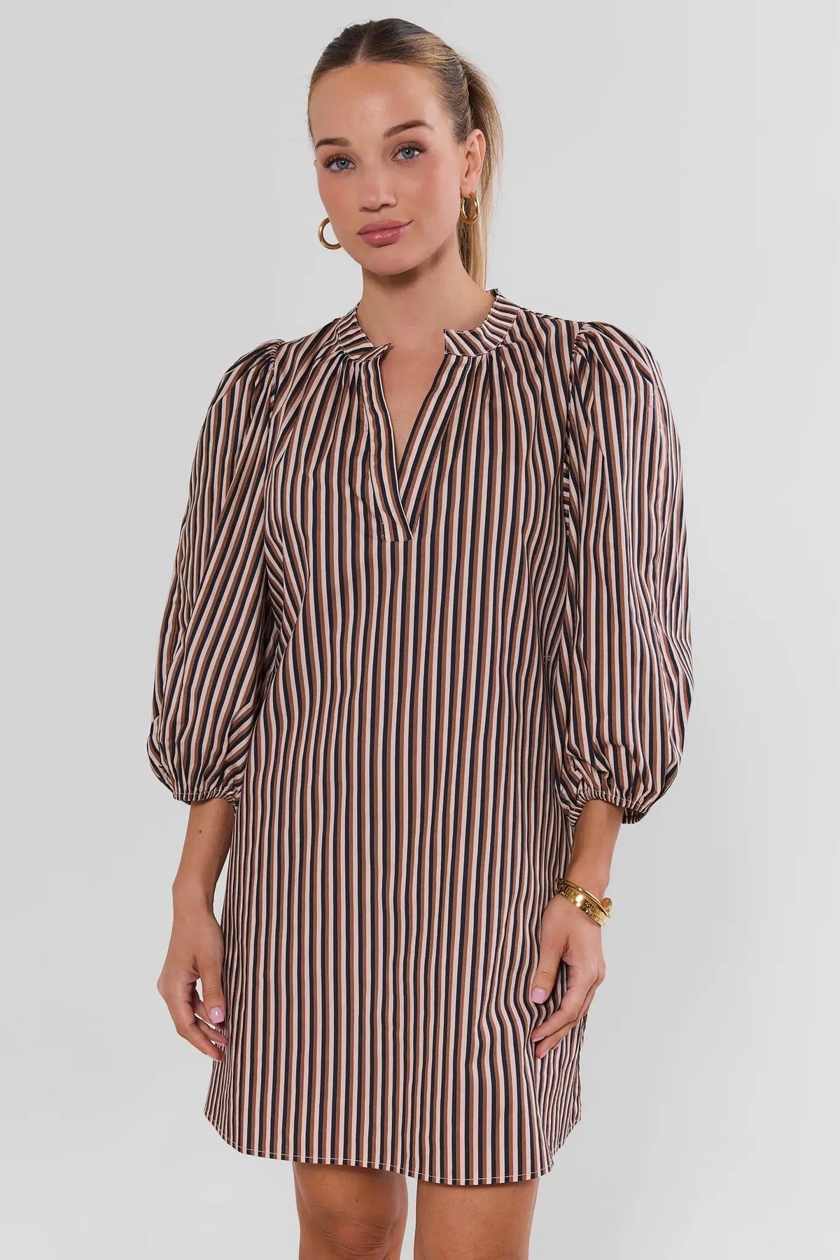 Brown Striped Cotton Short Dress - Front On-Model, Cropped View | Avara