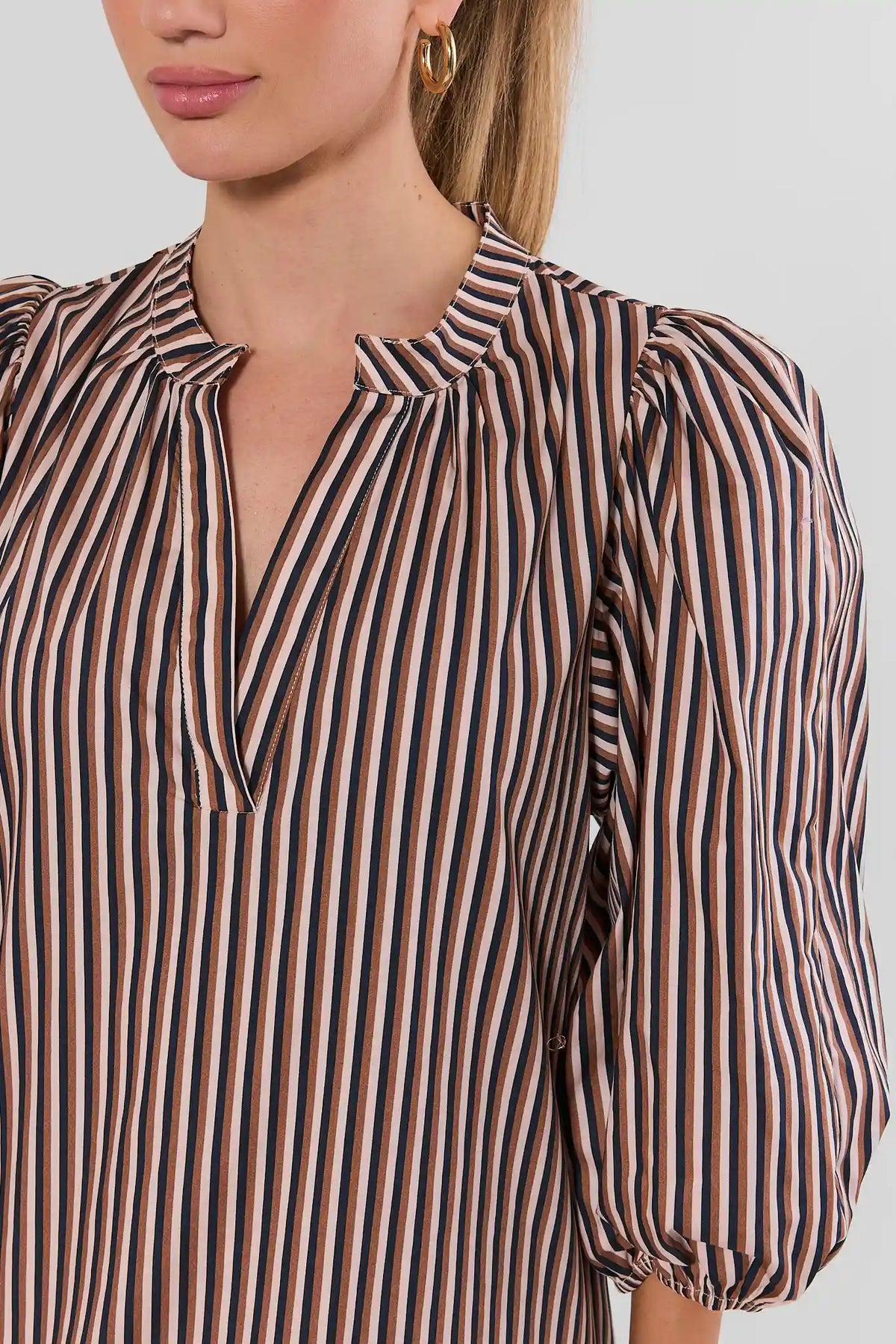 Brown Striped Split Neck Dress - Split Neck & Puff Sleeve Close-Up Detail | Avara