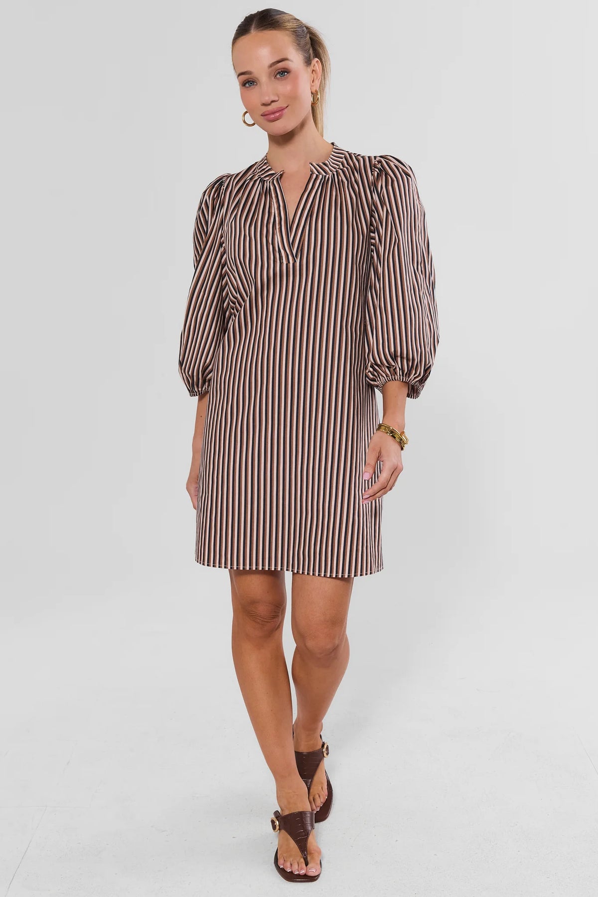 Brown Striped Cotton Short Dress - Full Front View with Sandals | Avara