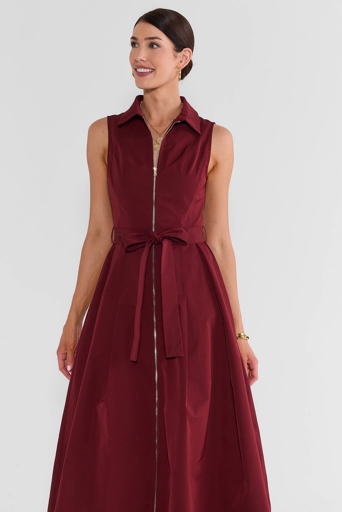 Burgundy Zip Up Collared Midi Dress - Three-Quarter Front View with Bow Belt | Avara