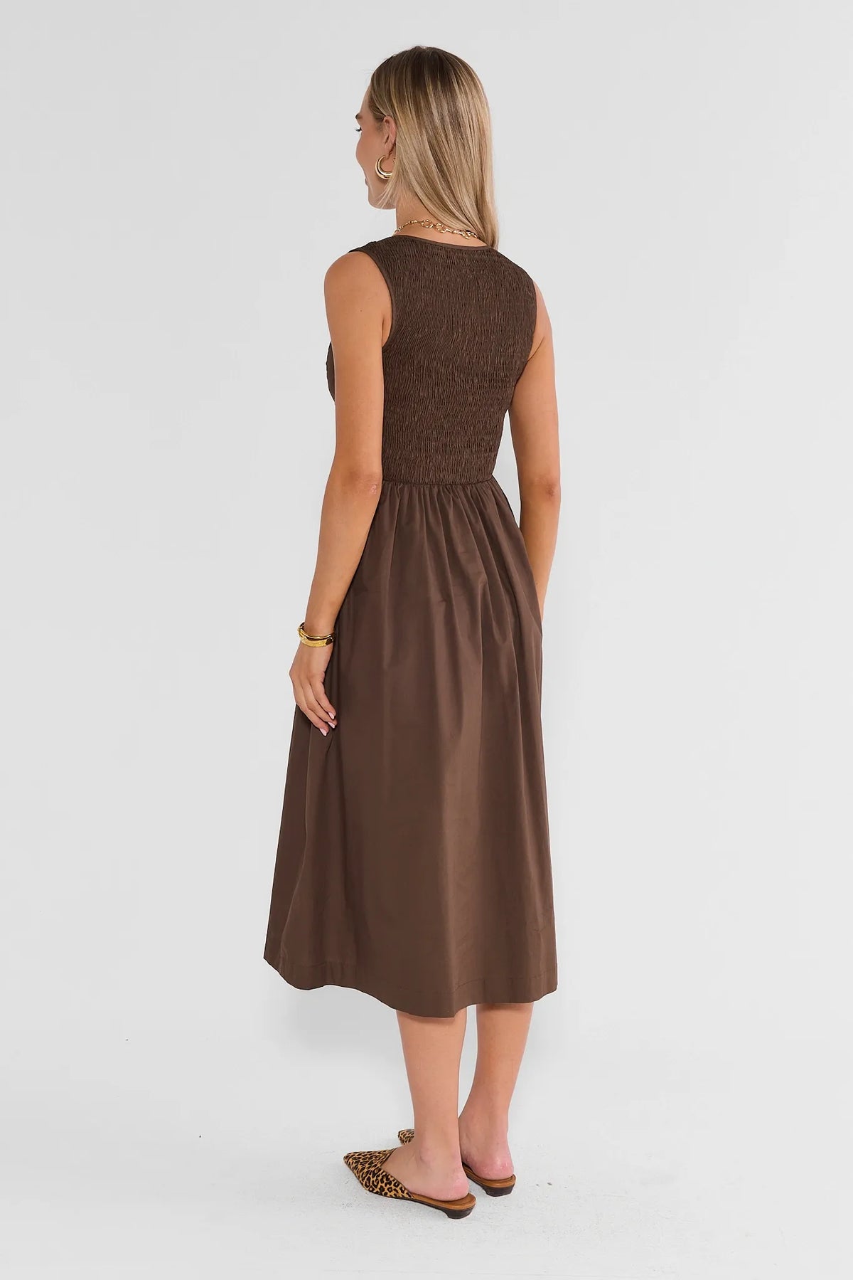 Brown Pleated Midi Dress - Back View, Full Length On Model | Avara