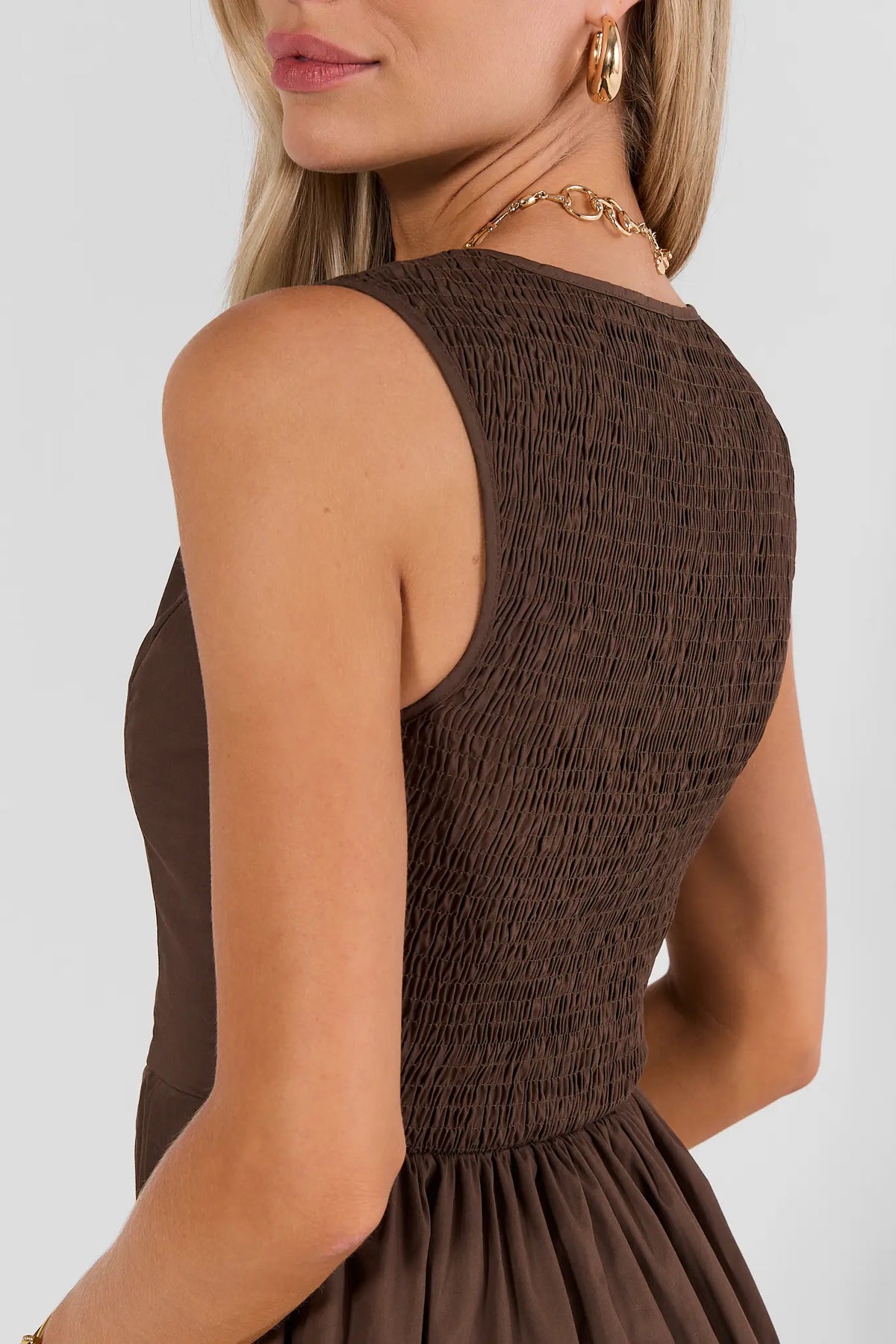 Brown Pleated Midi Dress - Back Close-Up, Smocked Bodice Detail | Avara