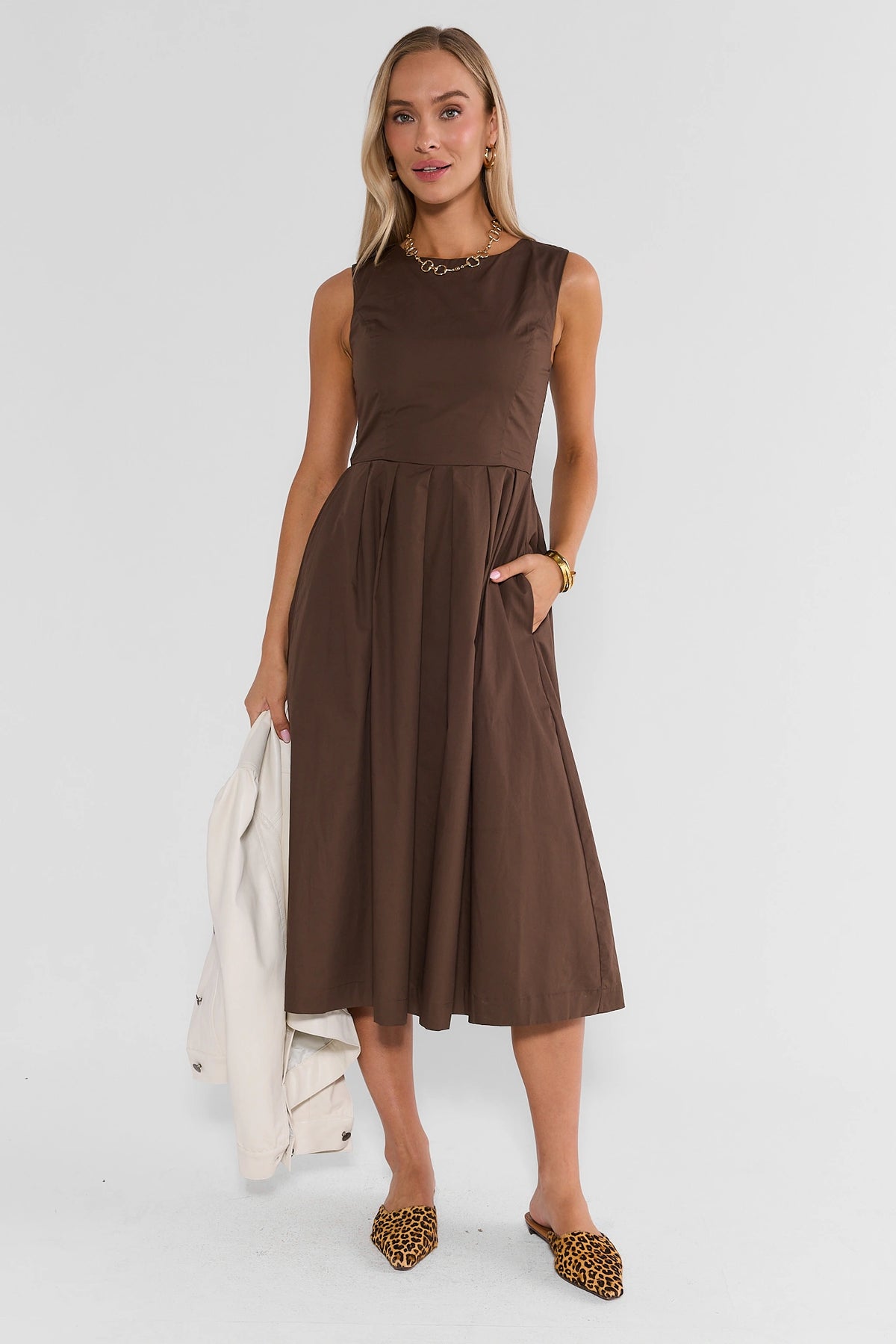 Brown Cotton Midi Dress - Full Length On Model with Leopard Mules | Avara