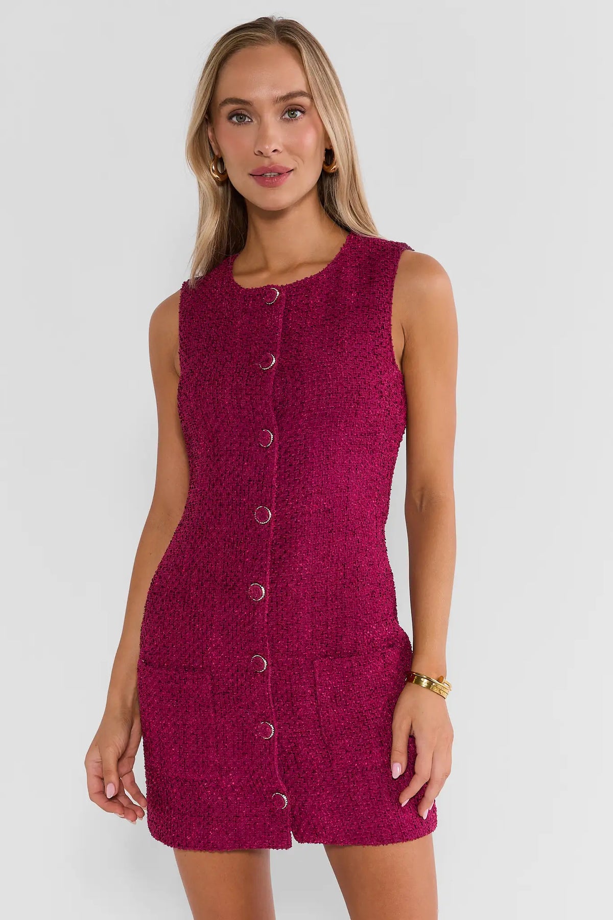 Burgundy Tweed Button-Up Short Dress - Front View On Model | Avara
