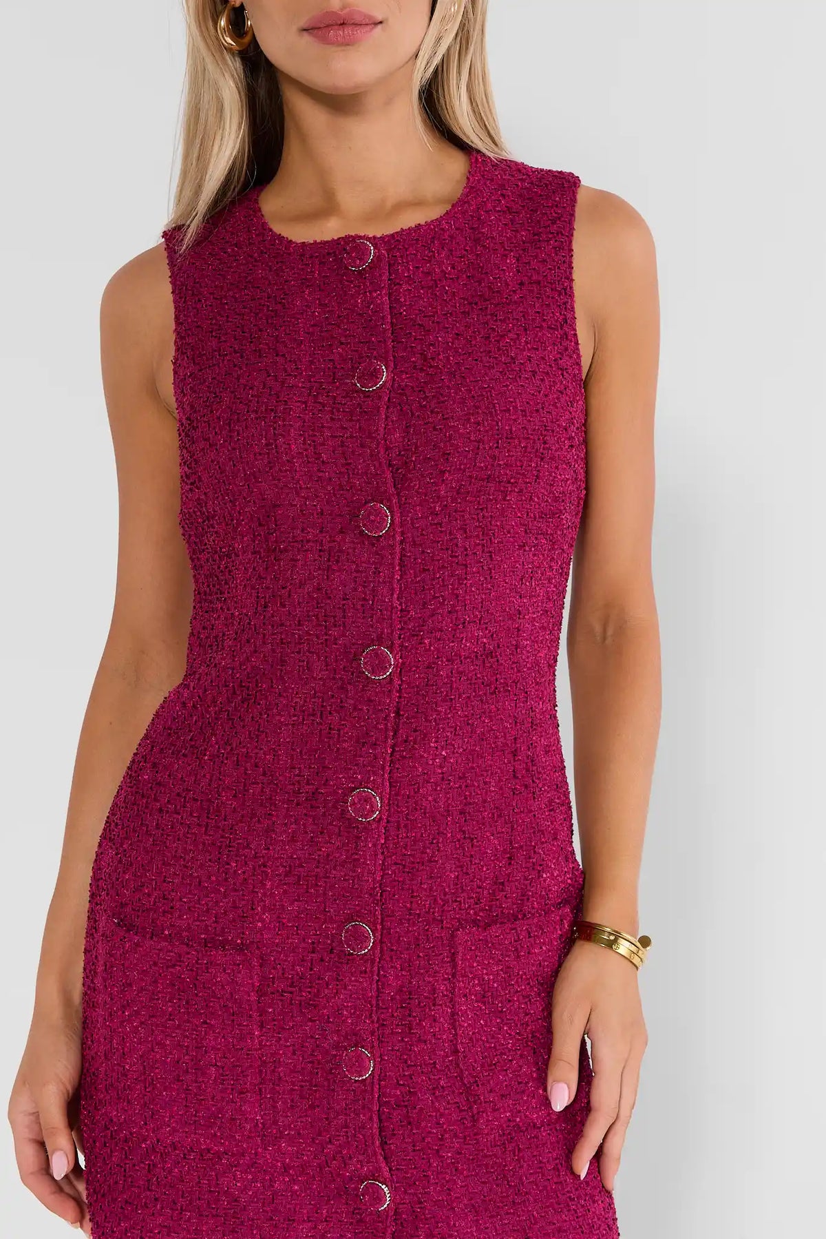 Burgundy Tweed Short Dress - Gold Button & Pocket Close-Up Detail | Avara