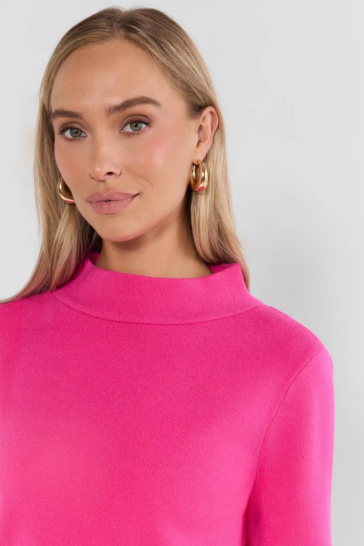Hot Pink Knit Sweater - Neckline Close-Up Detail, Mock Neck | Avara