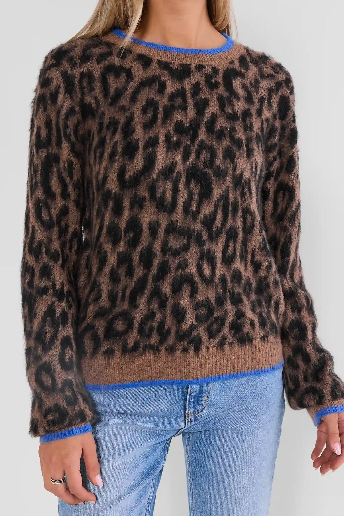 Leopard Print Knit Sweater with Blue Trim Detail - Close-Up Front | Avara