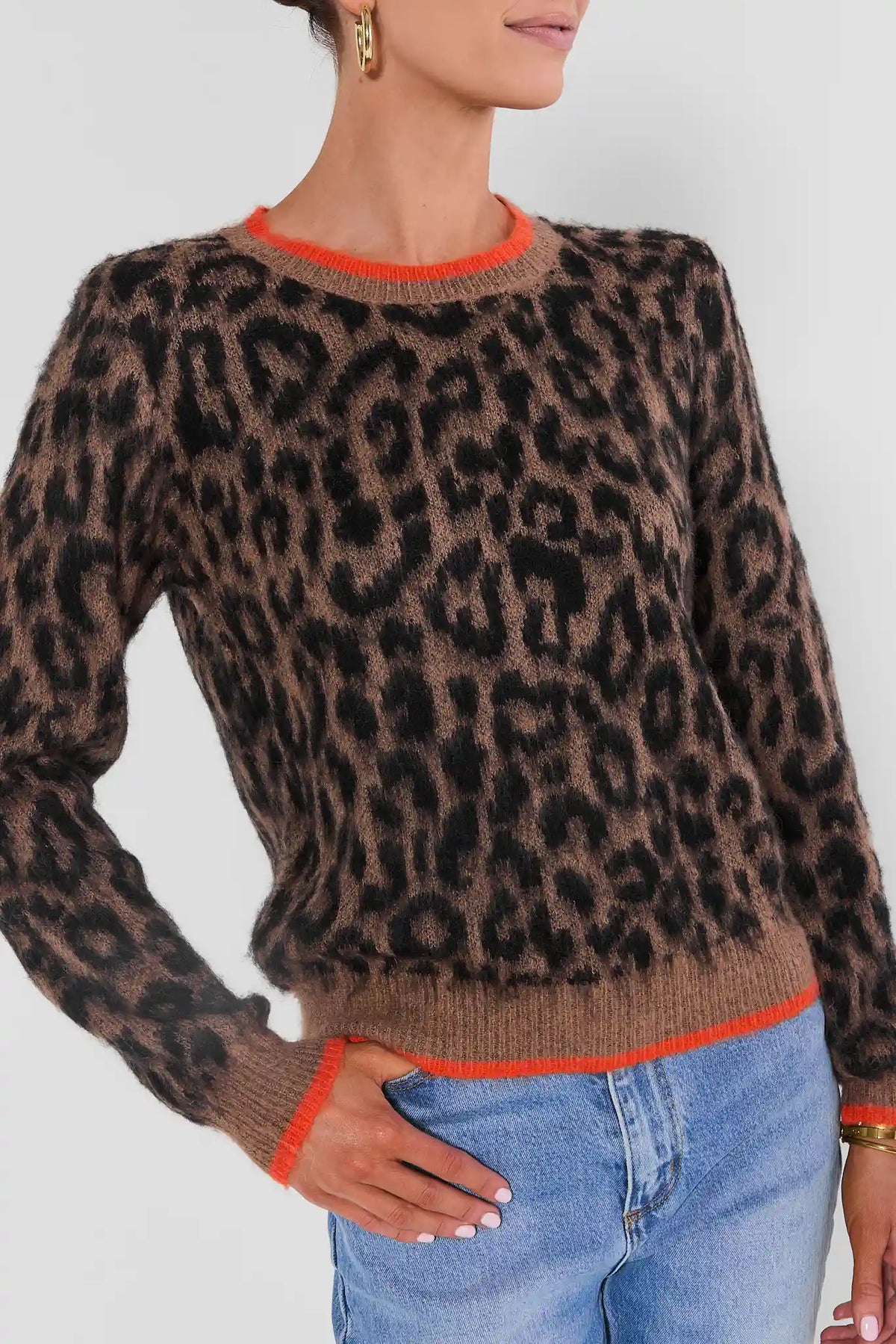 Brown Leopard Print Knit Sweater with Orange Trim - Close-Up Front Detail | Avara