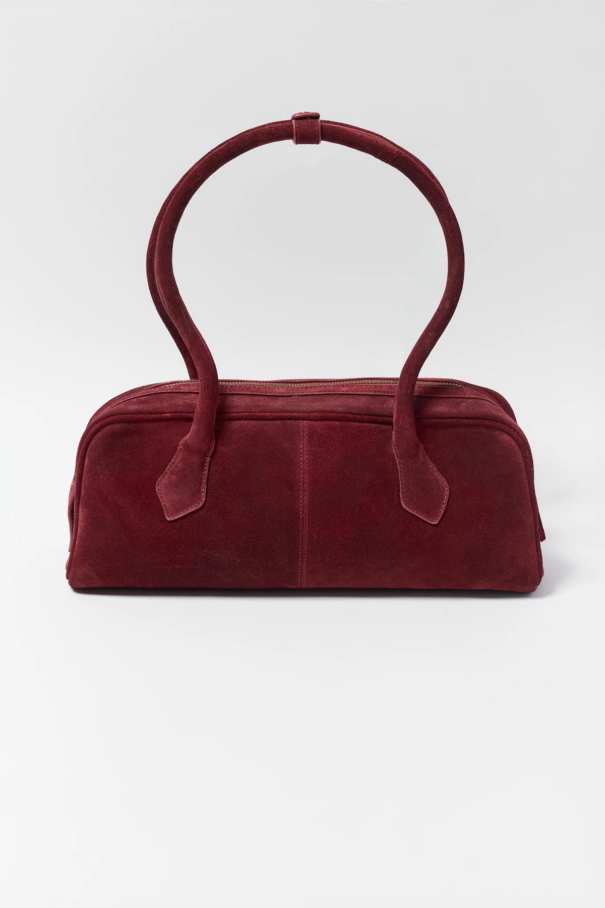 Burgundy Suede Long Handle Shoulder Bag - Front View | Avara
