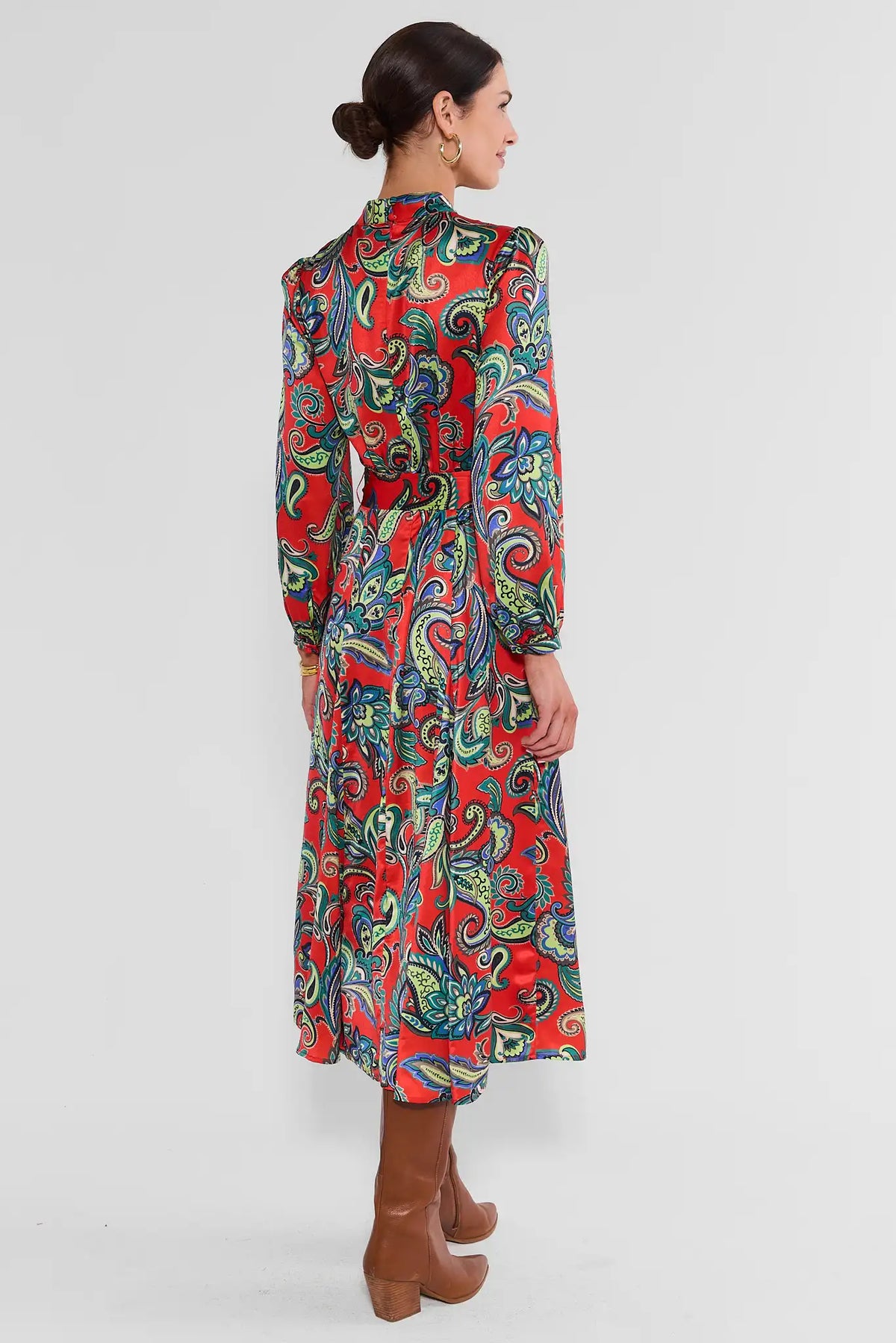 Red Paisley Print Belted Midi Dress - Back View with A-Line Skirt Detail | Avara