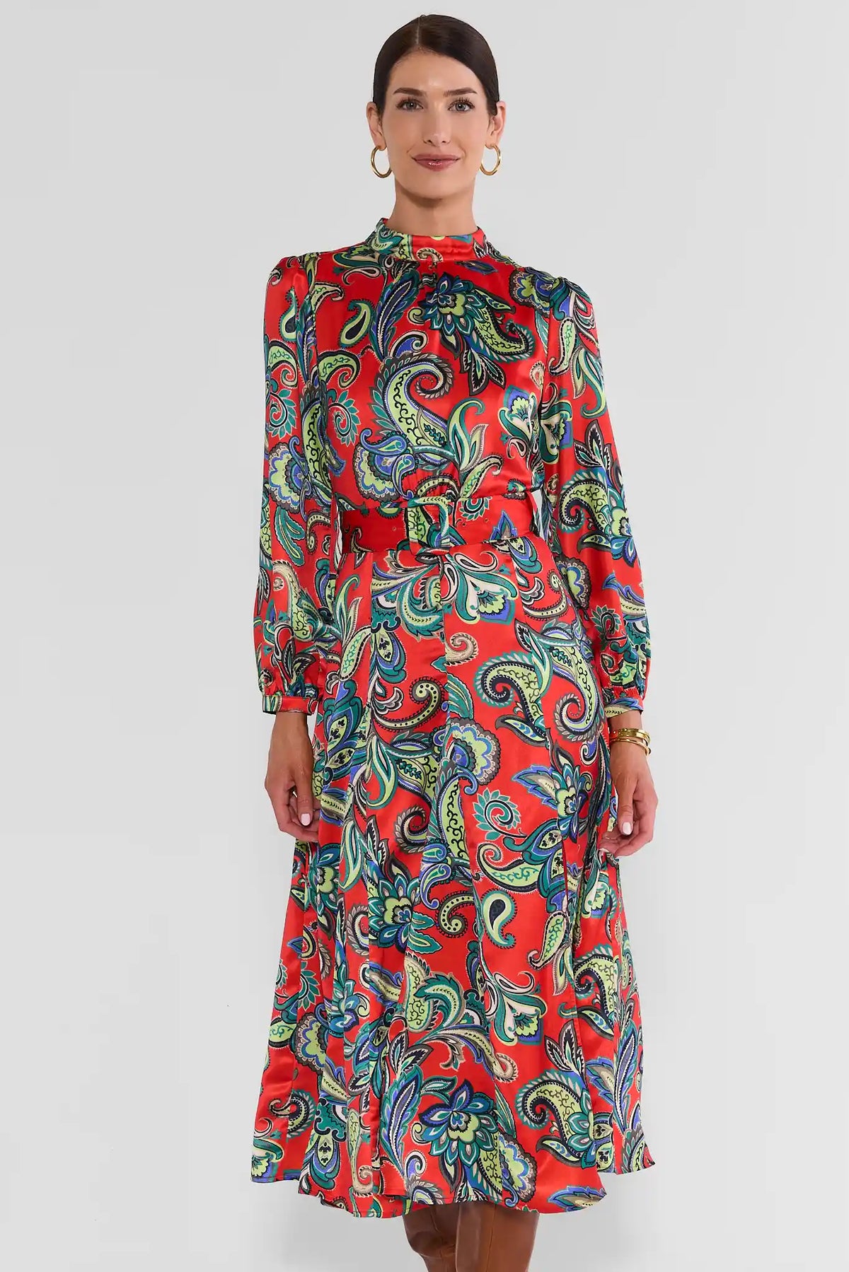 Red Paisley Print Long Sleeve Belted Midi Dress - Front View On Model | Avara