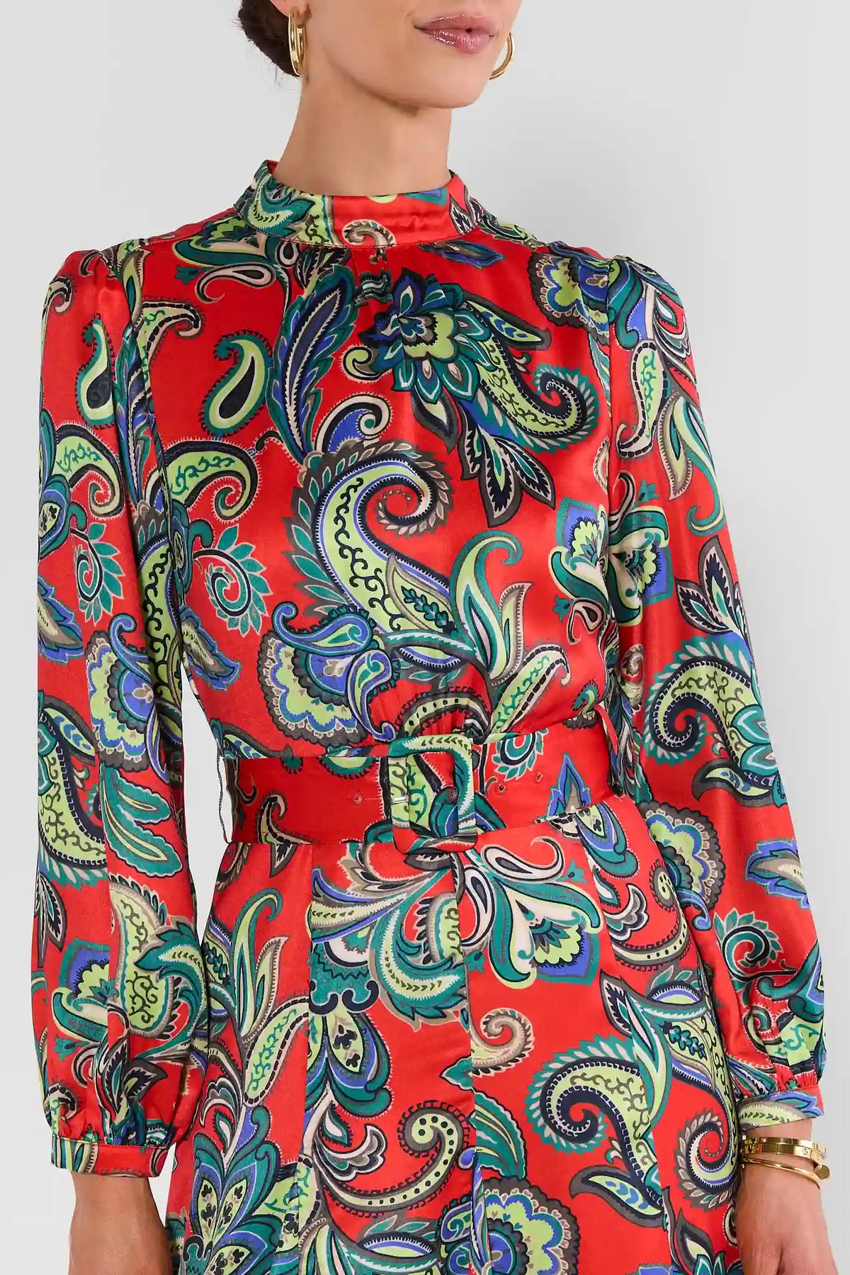 Red Paisley Print Midi Dress - Mock Neck & Belted Waist Detail Close-Up | Avara