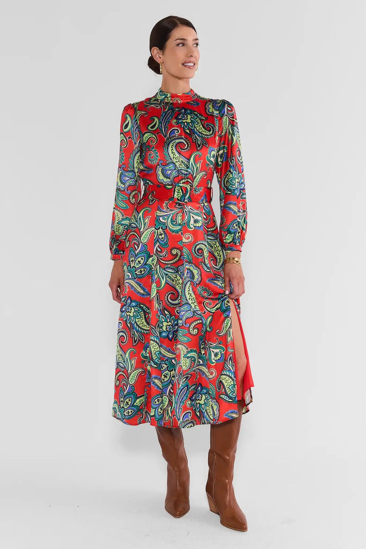 Red Paisley Print Belted Midi Dress Styled with Brown Boots - Front View | Avara