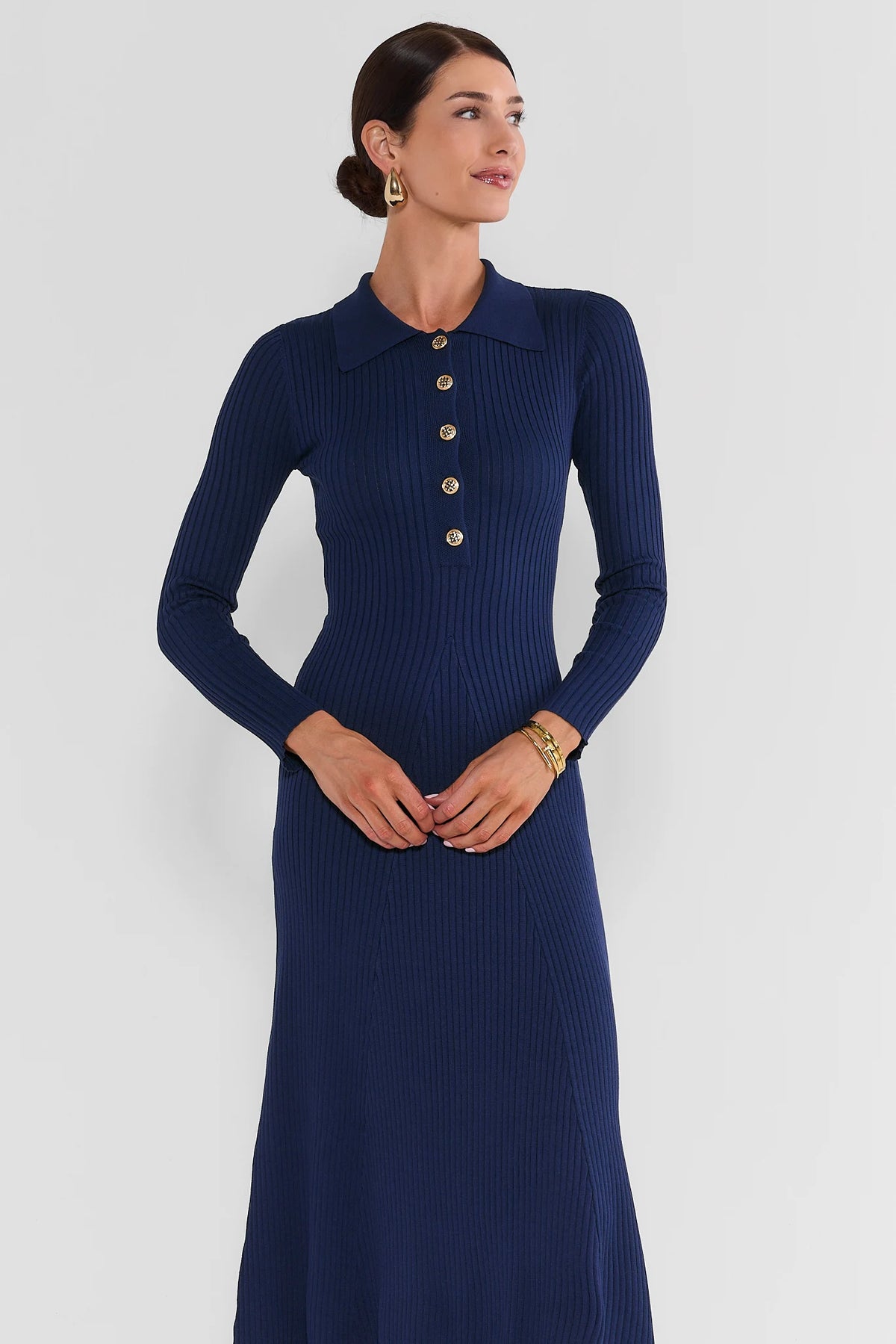 Navy Knit Collared Midi Dress - Front View On Model, A-Line Silhouette | Avara