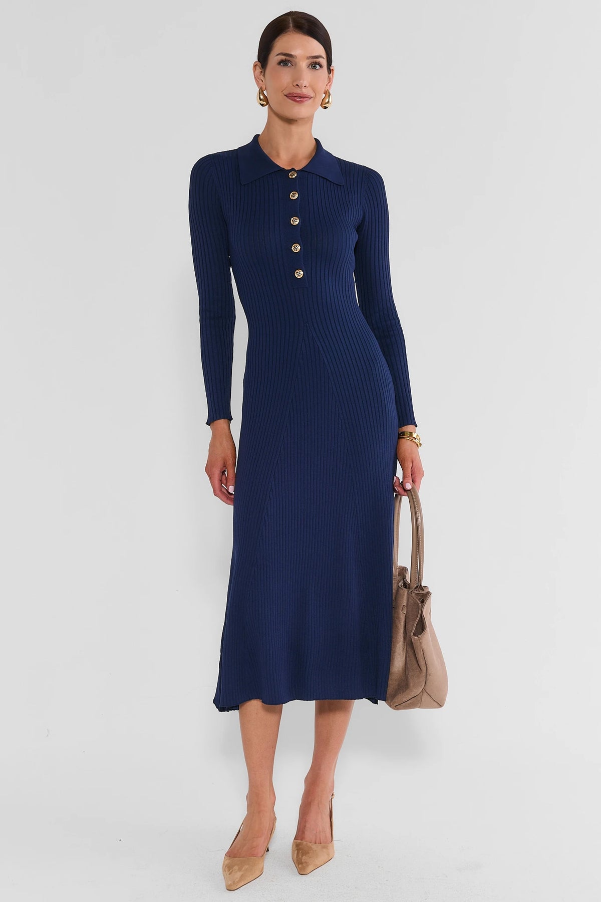 Navy Collared Midi Sweater Dress - Full Length Front, Styled with Tan Bag | Avara