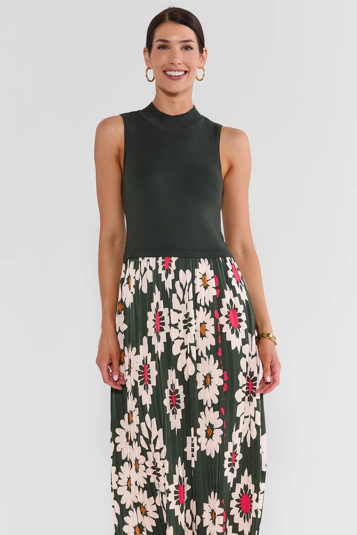 Green Floral Print Midi Dress - Front View, Rib-Knit Bodice & Pleated Skirt | Avara