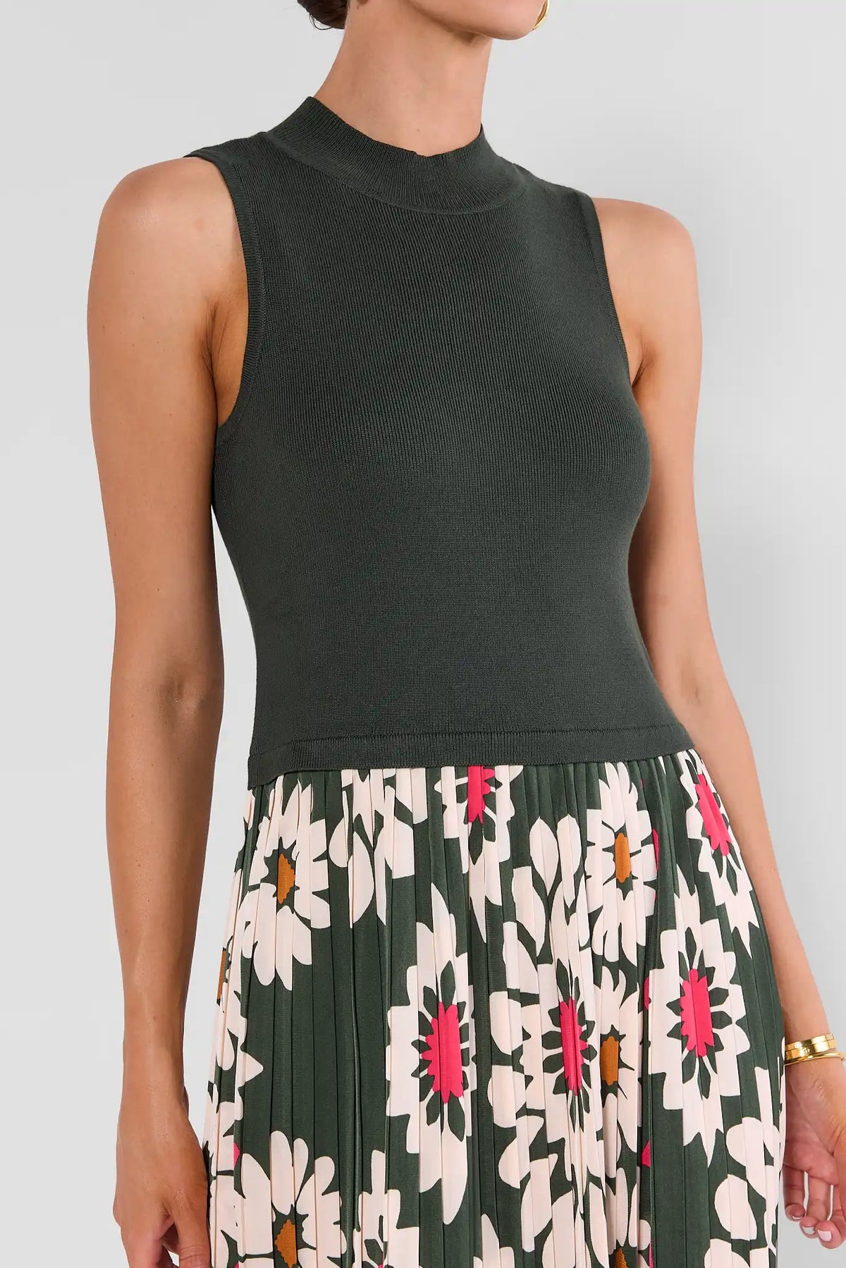 Green Rib-Knit Bodice Detail - Close-Up, Floral Pleated Midi Skirt | Avara