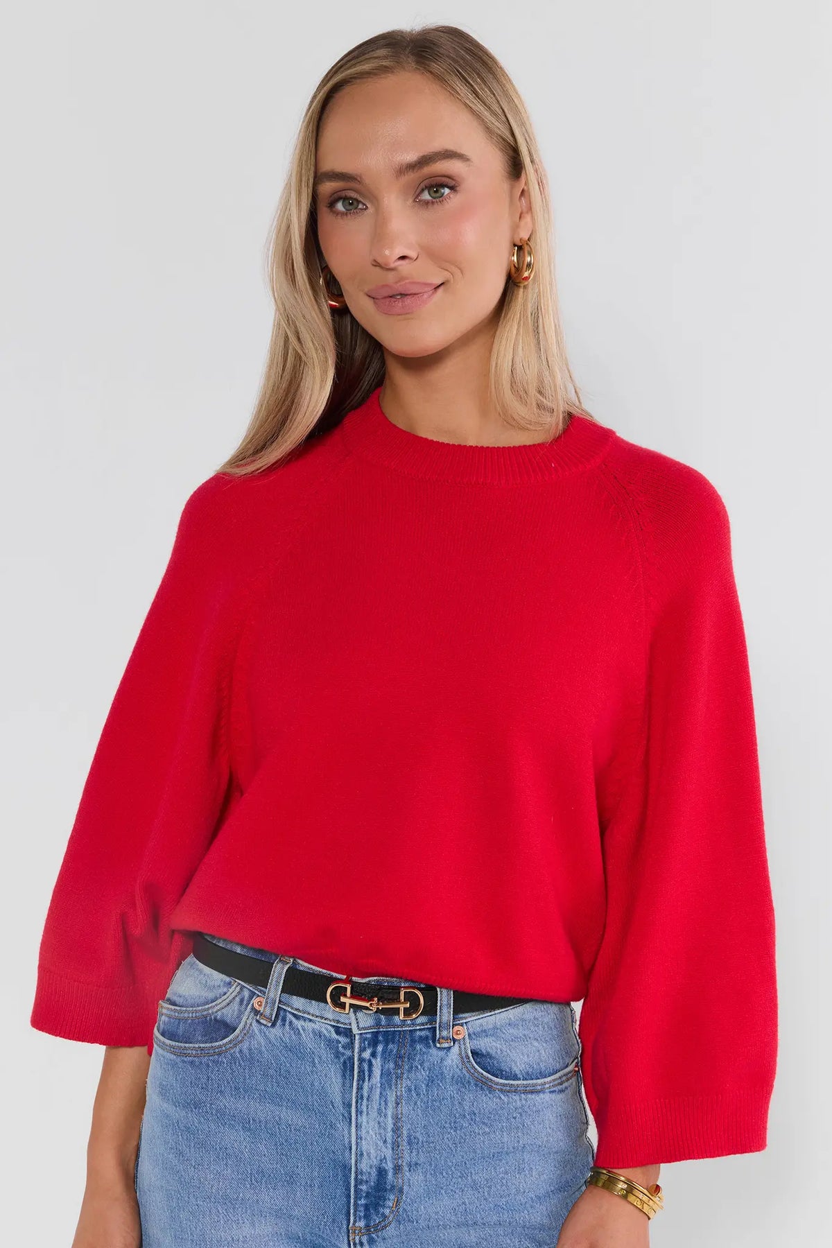 Red Ribbed Waist Sweater - Front Cropped View, Wide Sleeve Detail | Avara