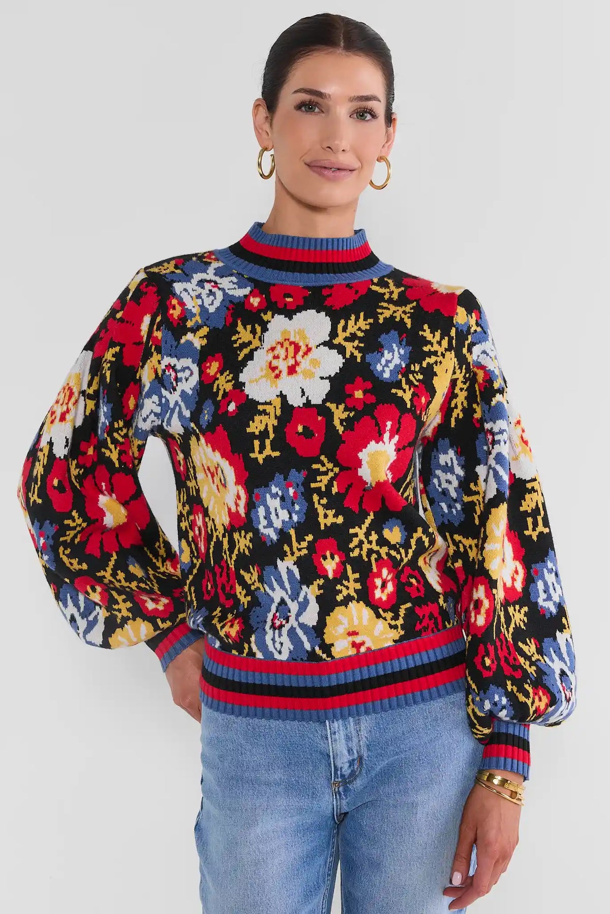 Multi-Color Floral Knit Sweater, Balloon Long Sleeve - Front On Model with Jeans | Avara