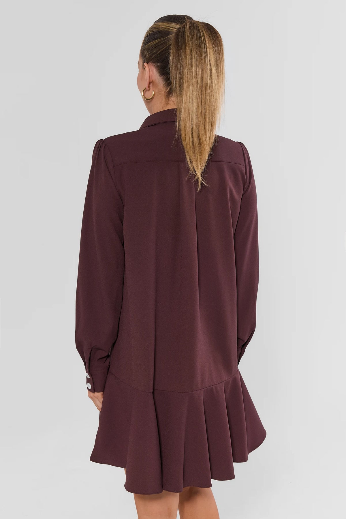 Brown Drop Waist Dress with Flounce Hem - Back View On Model | Avara