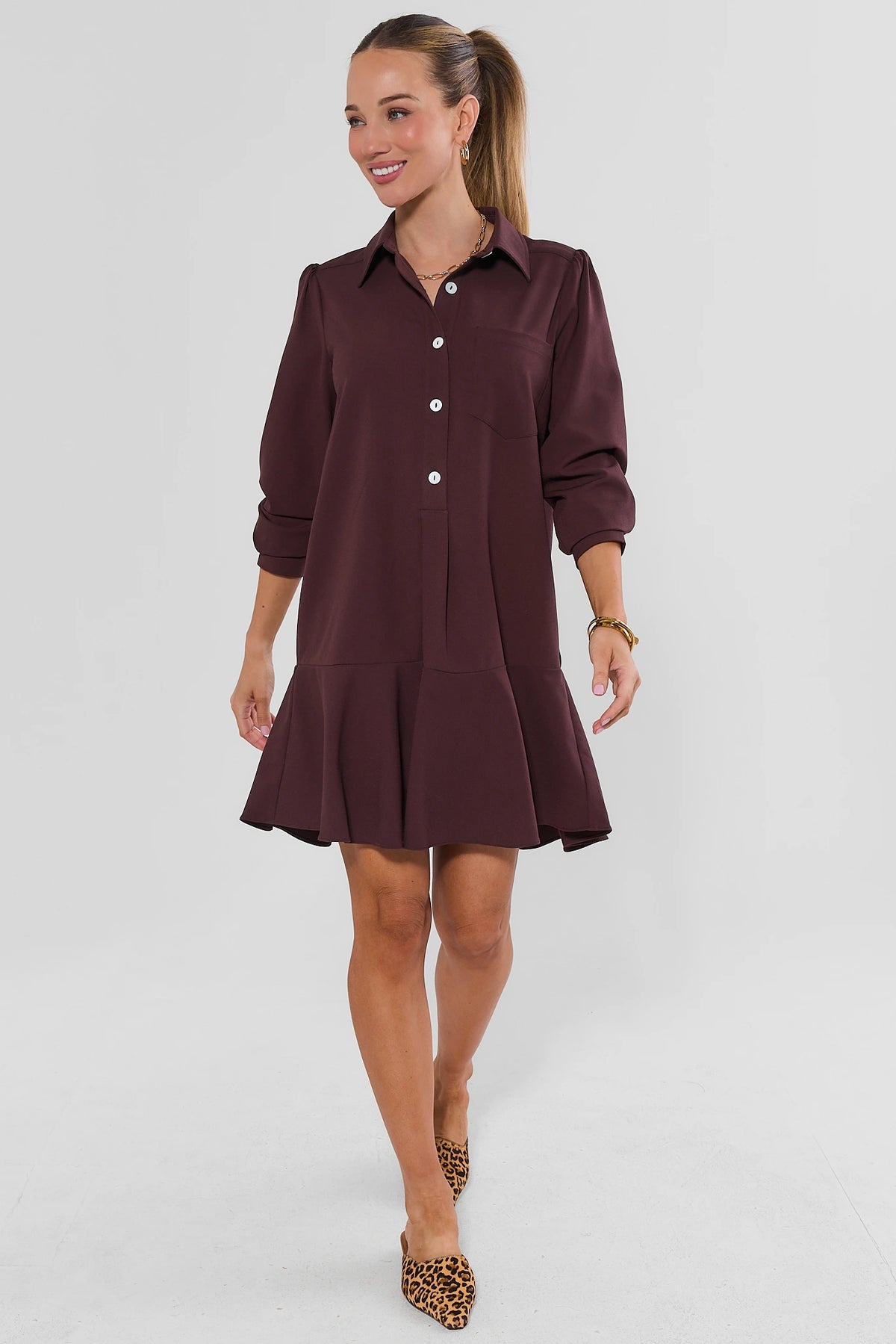 Brown Drop Waist Mini Dress - Full Length Side View On Model | Avara