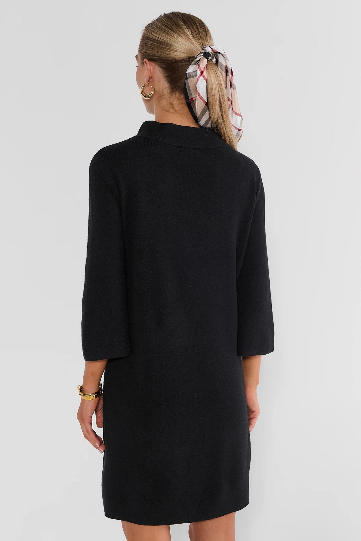 Black Knit Short Dress 3/4 Sleeve and Back Neckline Detail - Back View | Avara