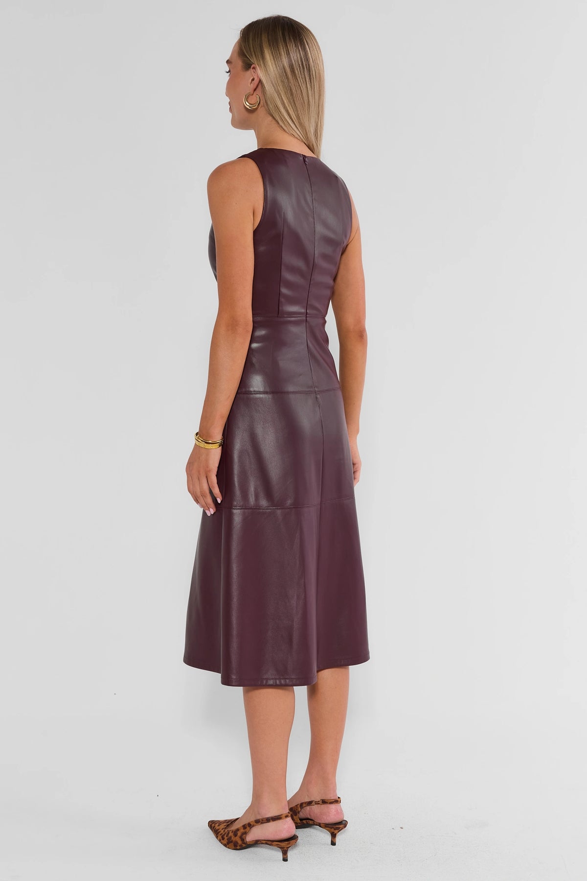 Burgundy Faux Leather Midi Dress - Back View, Paneled A-Line Skirt | Avara