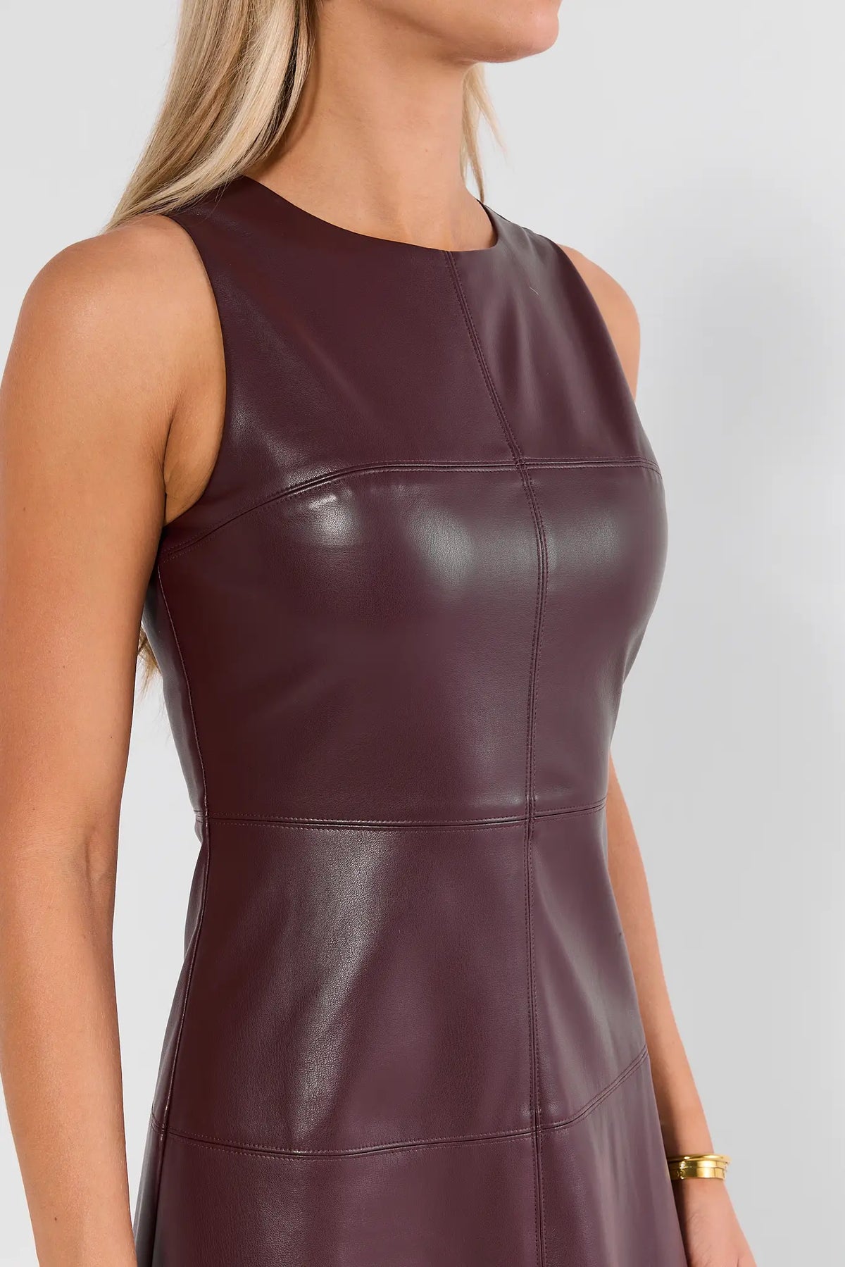 Burgundy Faux Leather Midi Dress - Bodice Close-Up Detail, Seam Texture | Avara