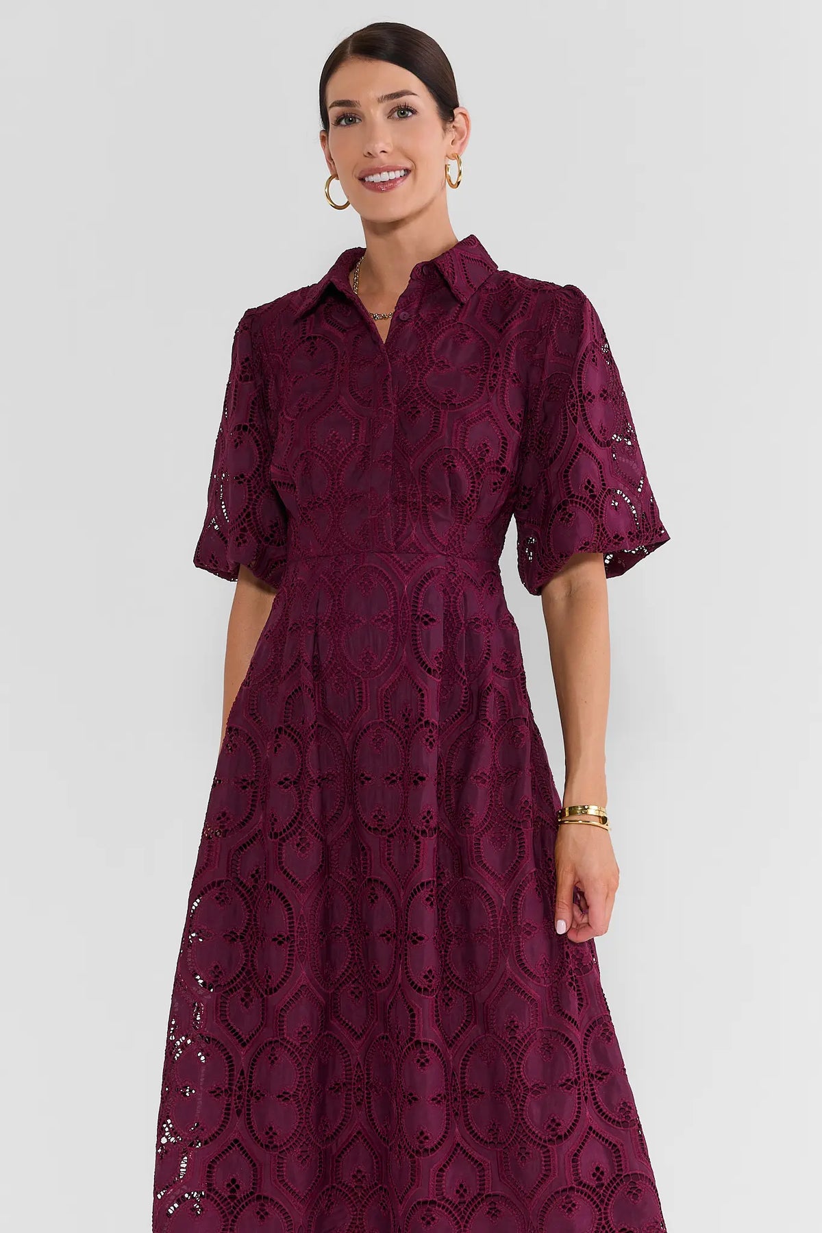 Plum Eyelet Overlay Maxi Dress - Three-Quarter Front View, Modest Dress for Women | Avara