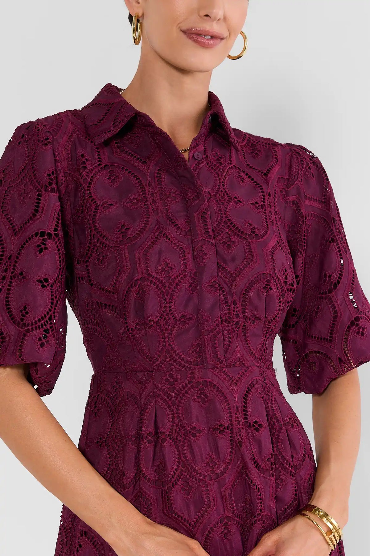 Plum Eyelet Maxi Dress - Collar & Eyelet Fabric Close-Up Detail, Half Sleeve | Avara