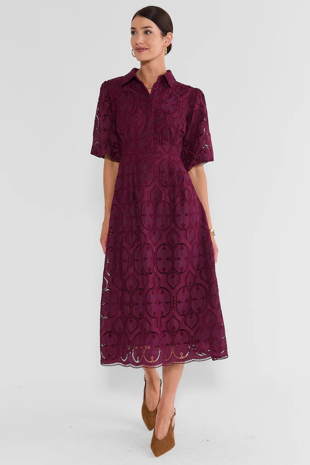 Plum Eyelet Overlay Maxi Dress - Front Full Length On Model, Feminine Maxi Dress | Avara