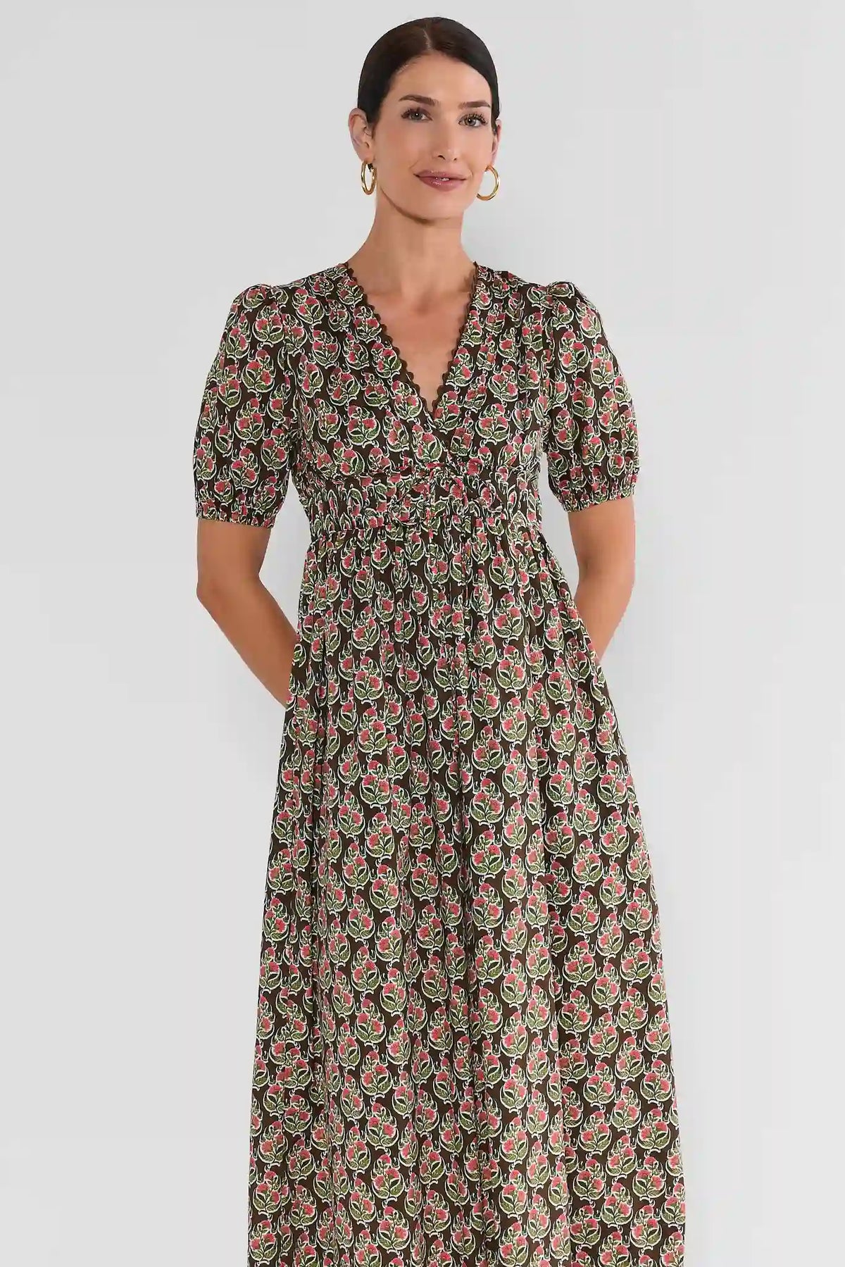 Brown Block Print Midi Dress - Front View, V-Neckline Close-Up | Avara