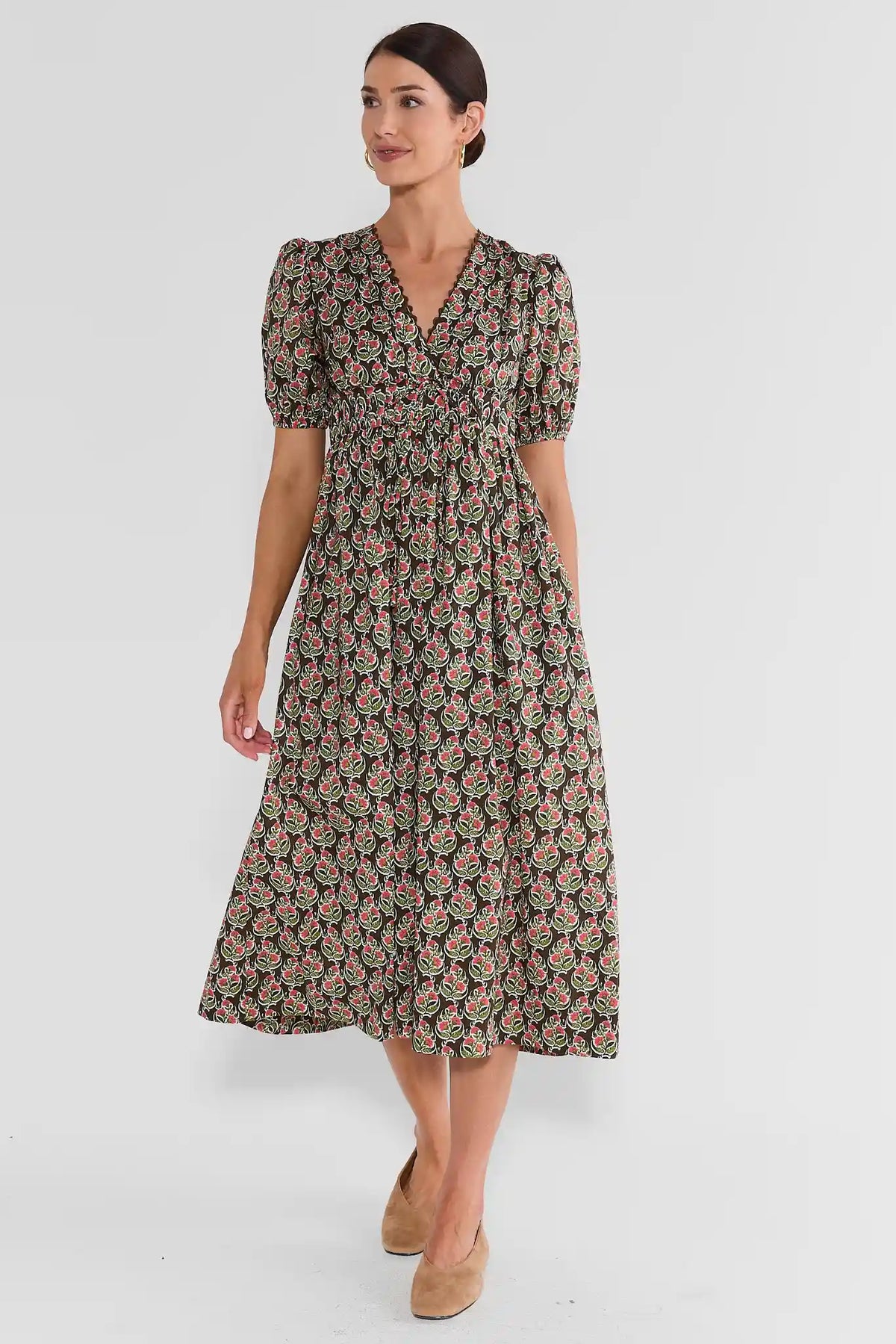 Brown Floral Block Print A-Line Midi Dress - Full Front On Model | Avara