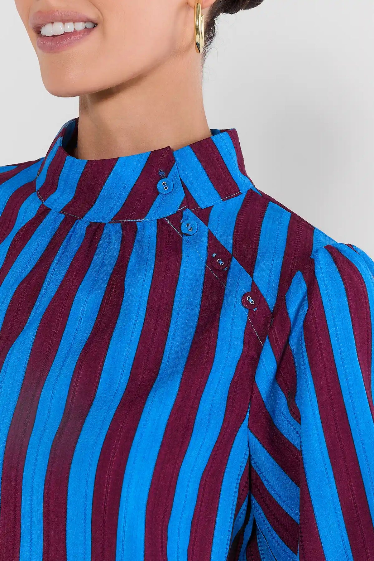 Blue Striped Stand Collar Blouse - Stand Collar & Button Closure Close-Up Detail | Avara
