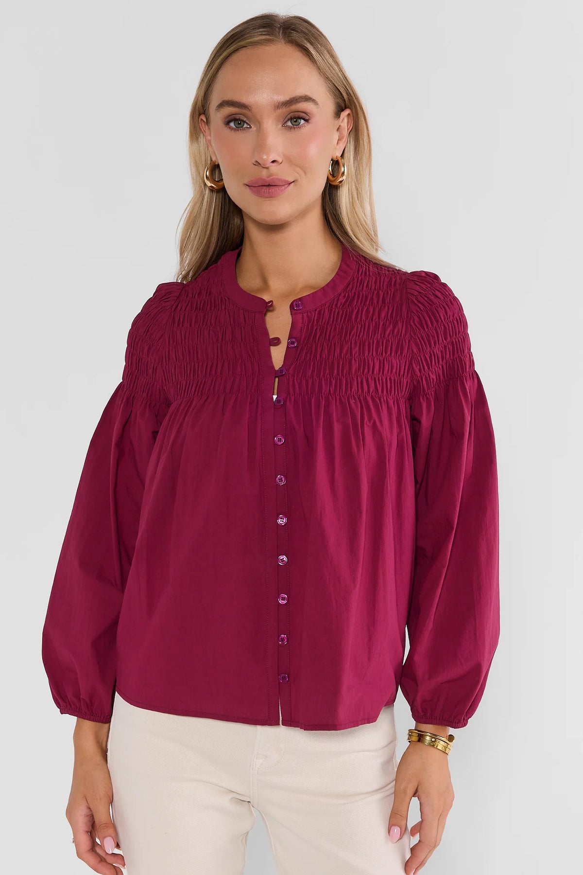 Plum Smocked Long Sleeve Top - Front View On Model | Avara