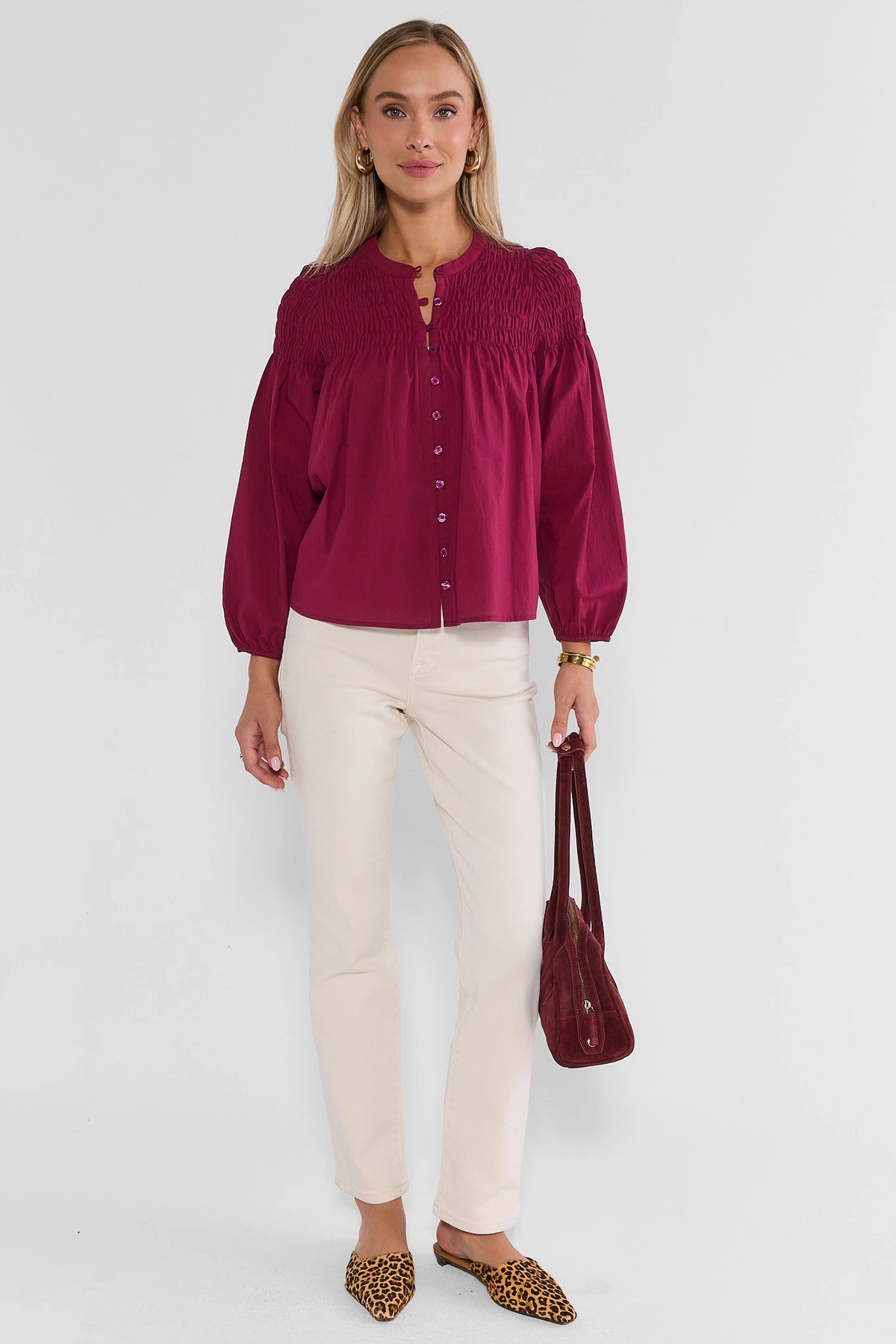 Plum Smocked Top Styled with Cream Jeans and Leopard Mules - Full Body | Avara