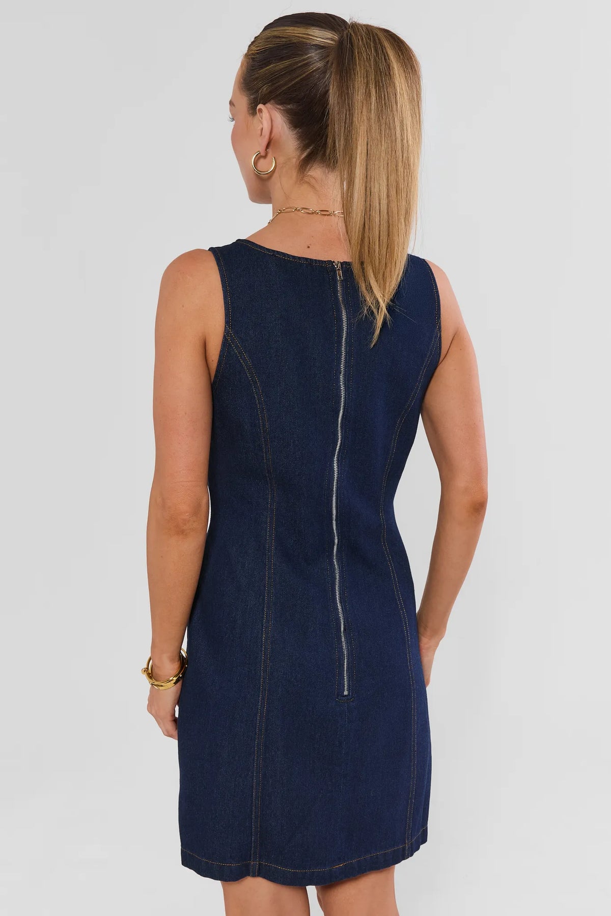Dark Denim Boat Neck Short Dress - Back View with Zipper Detail | Avara