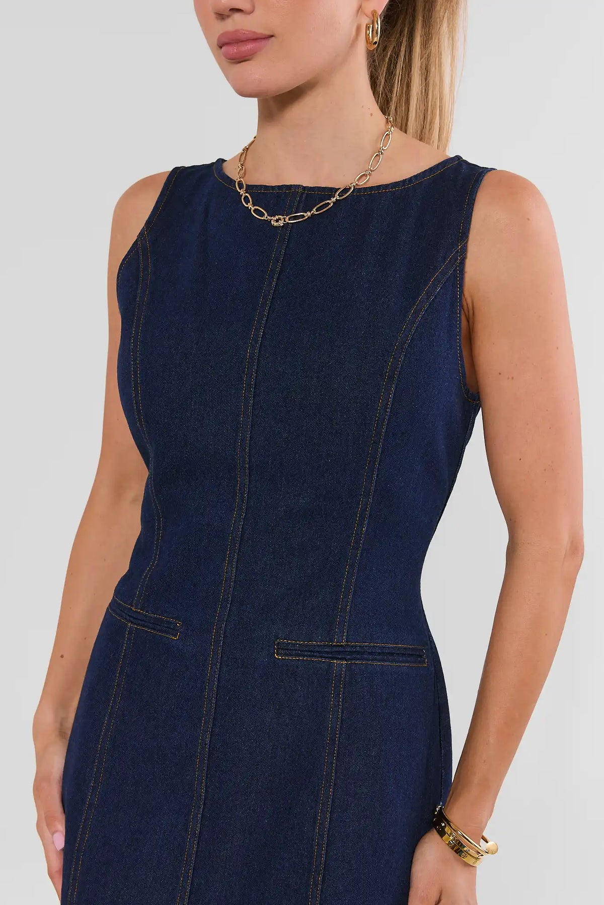 Dark Denim Boat Neck Short Dress - Bodice & Pocket Detail Close-Up | Avara