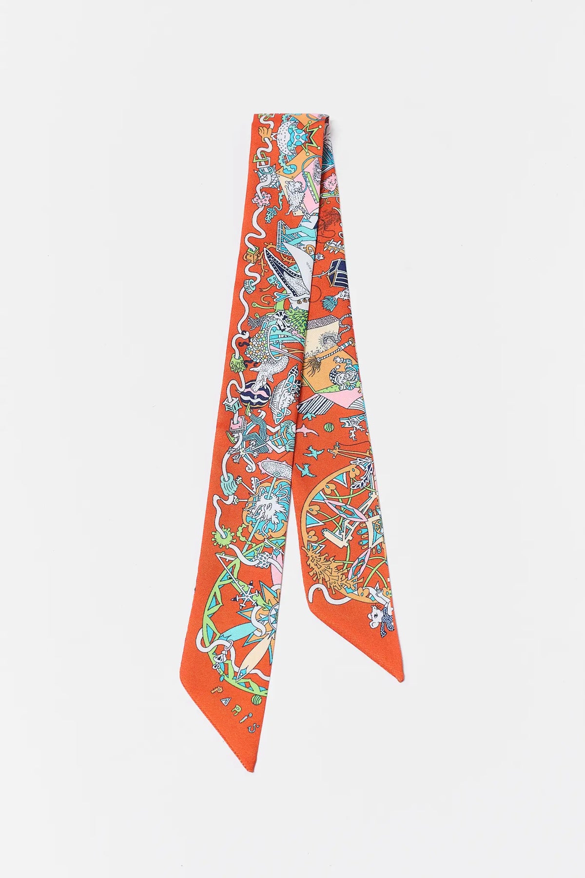 Orange Printed Skinny Scarf - Flat Lay Full Length Detail | Avara