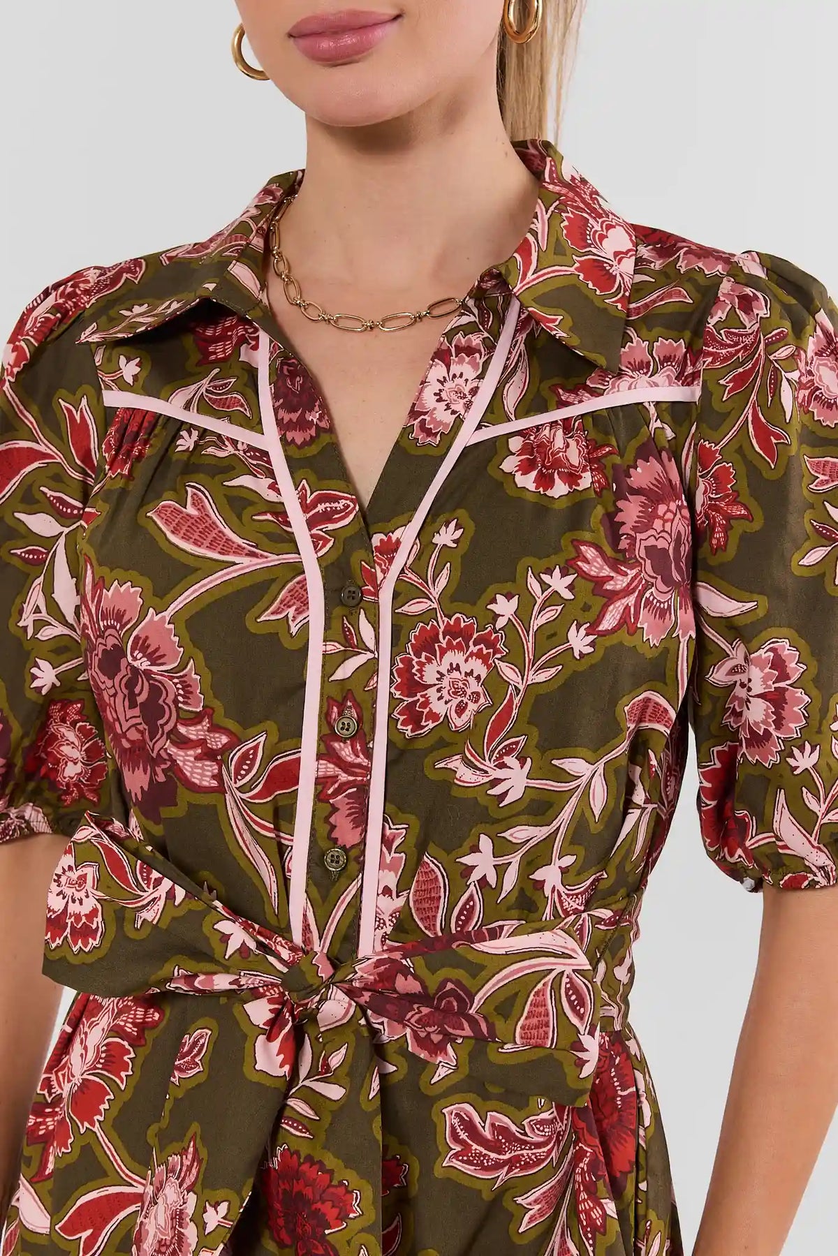 Green Floral Print Collared Shirt Dress - Collar & Tie Waist Detail | Avara