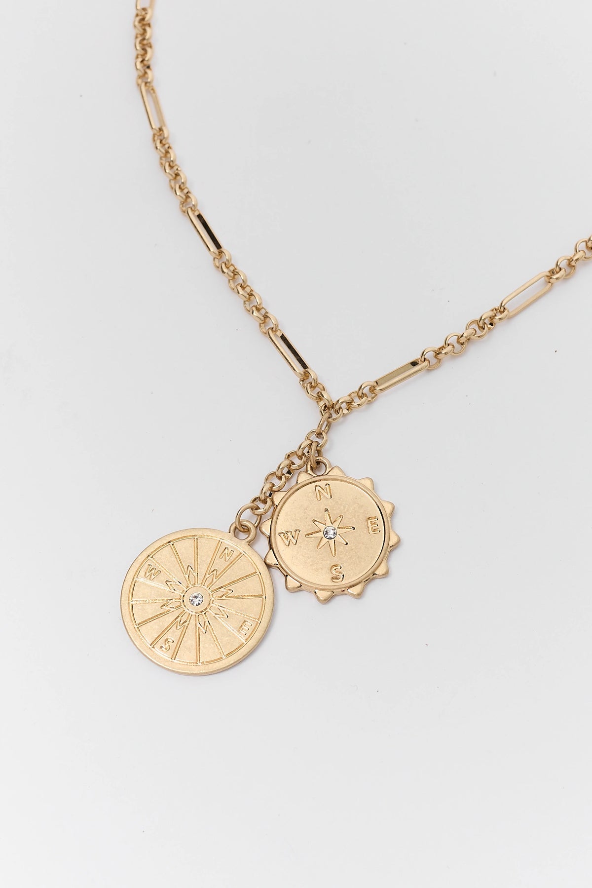 Gold Compass Charm Necklace Dual Pendant Close-Up Detail - Charm Detail | Avara